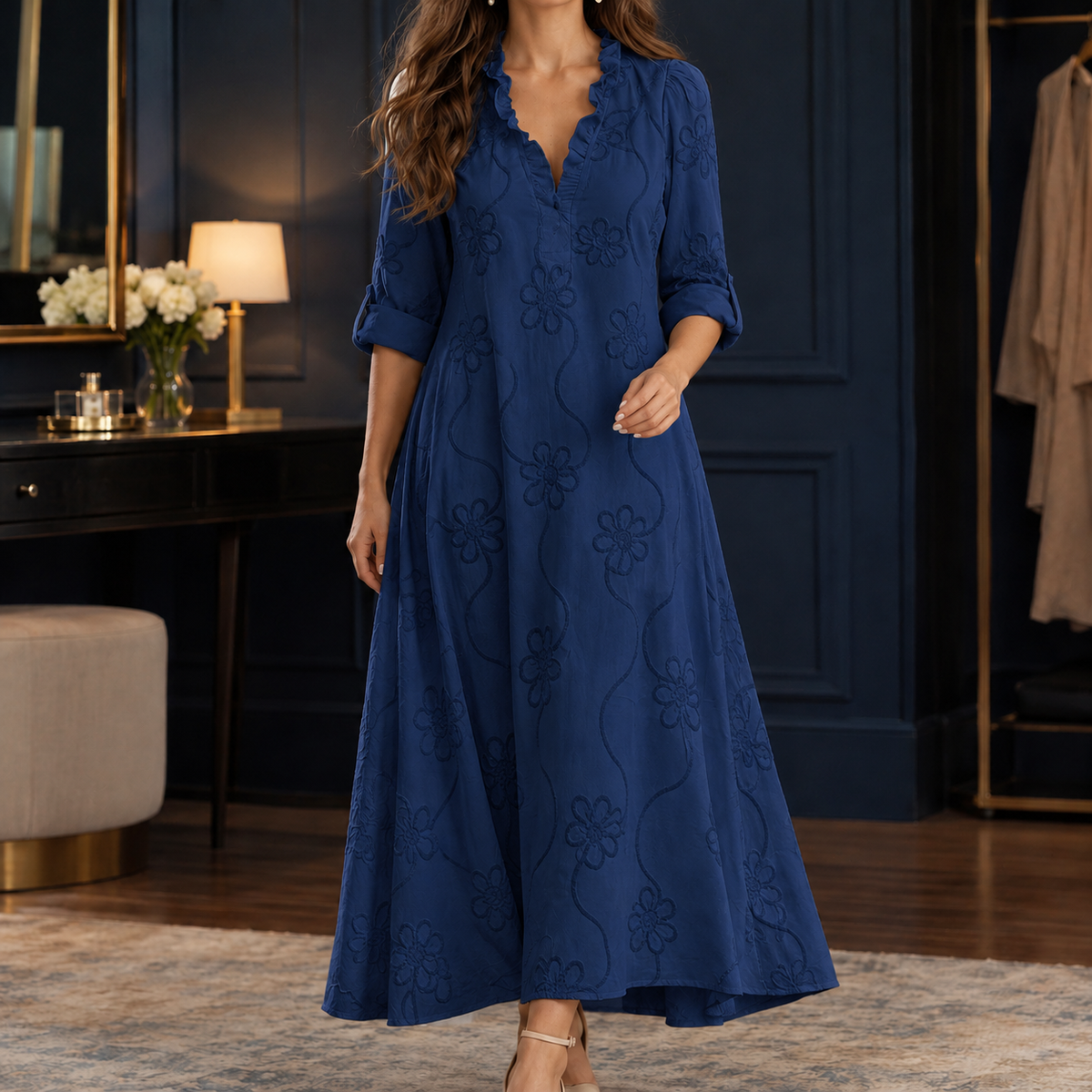 Dahlia-Sage Embroidered Maxi Dress - Navy Blue