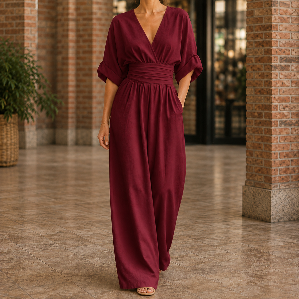 Maia Wide Leg Jumpsuit - Burgundy