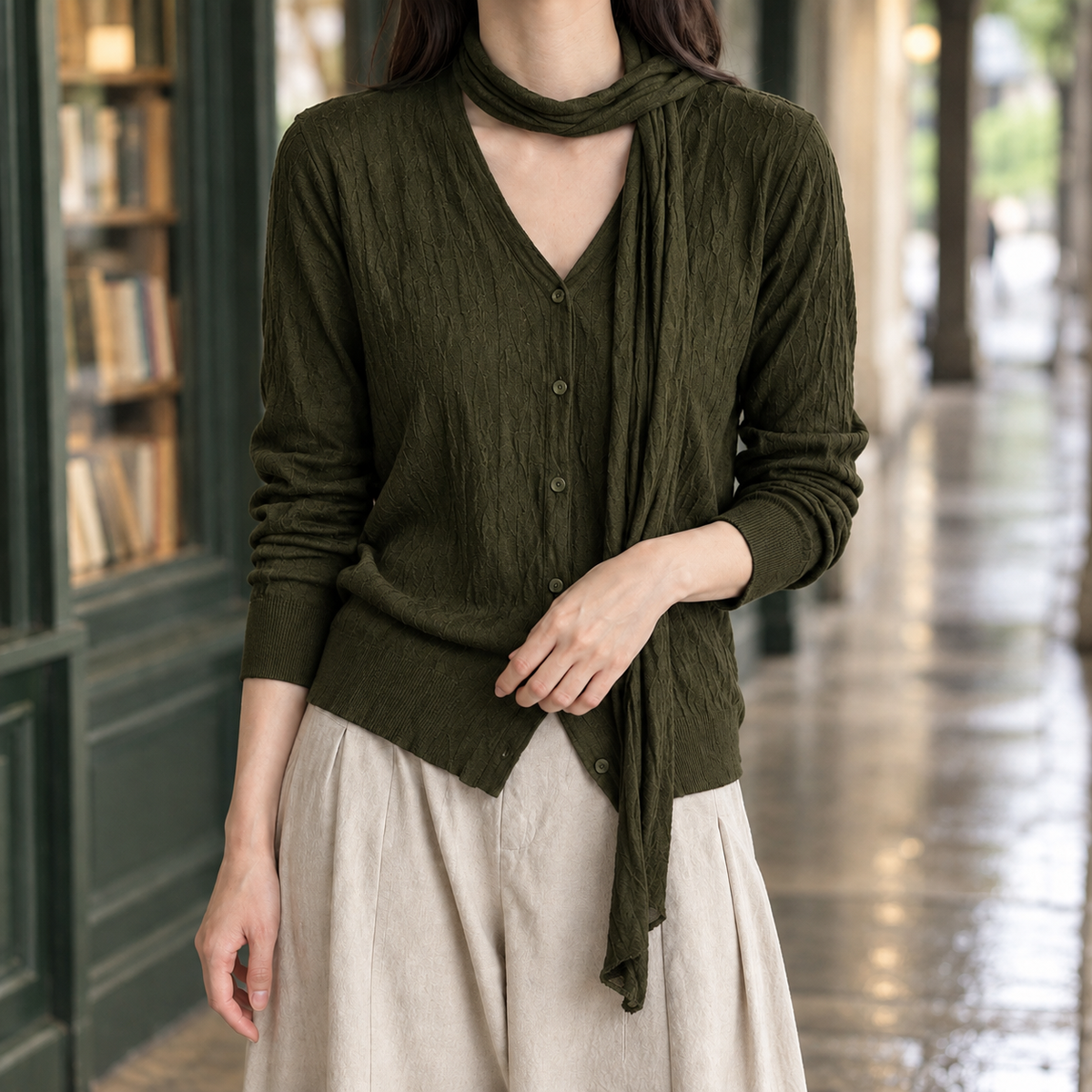 Chatsworth Scarf Collar Cardigan - Dark Green