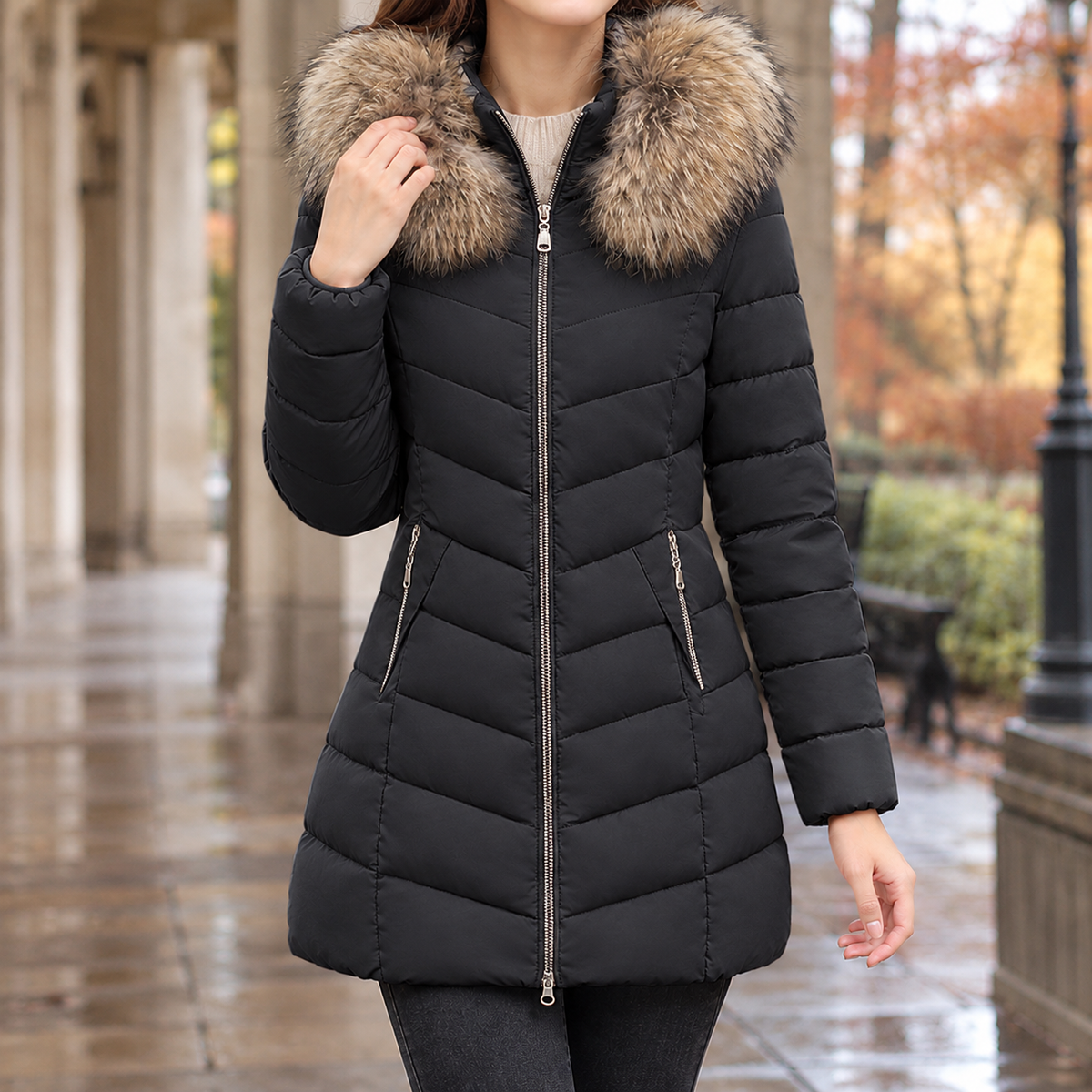 Anouk-Elise Fur Trim Puffer Jacket - Black
