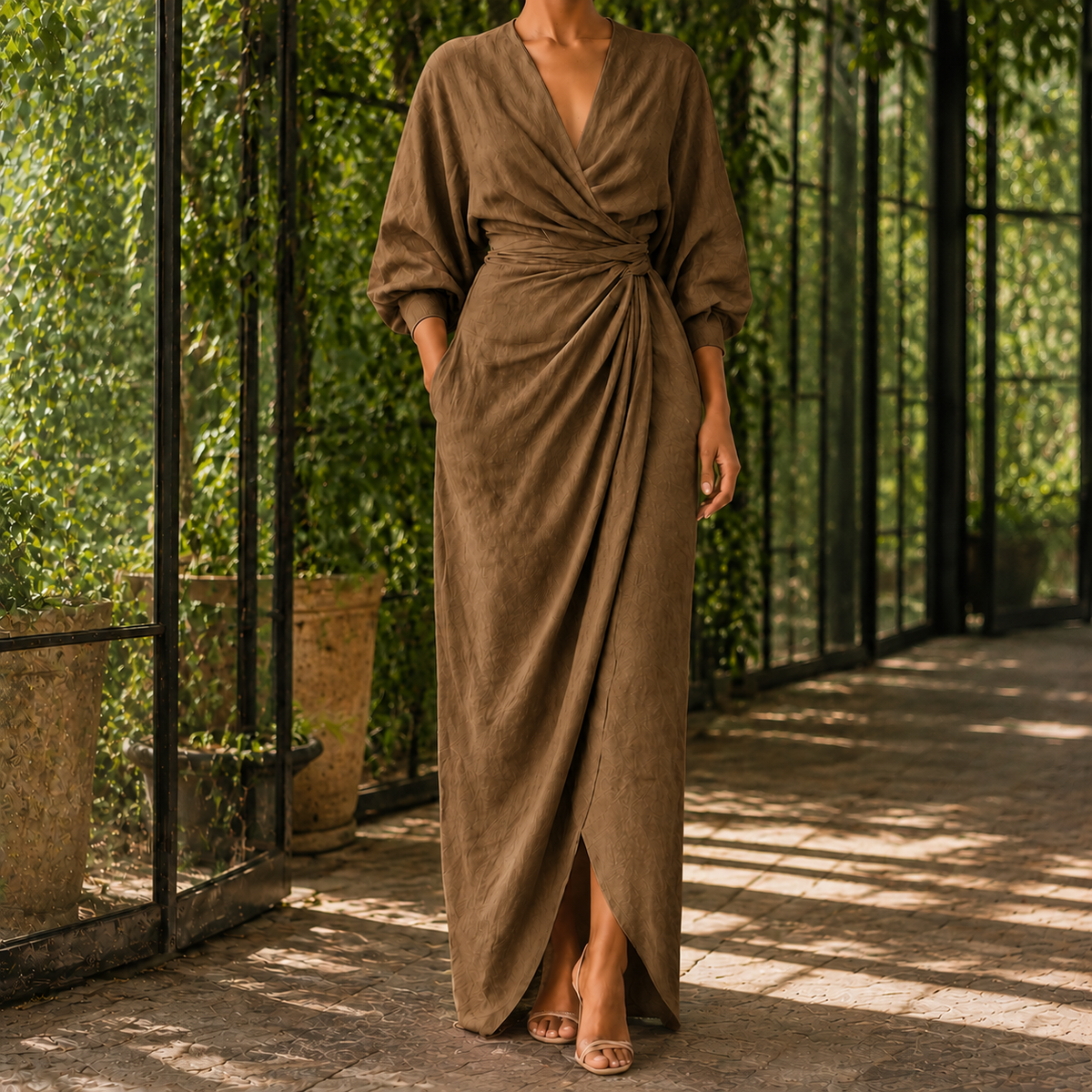 Marguerite Draped Maxi Dress - Brown