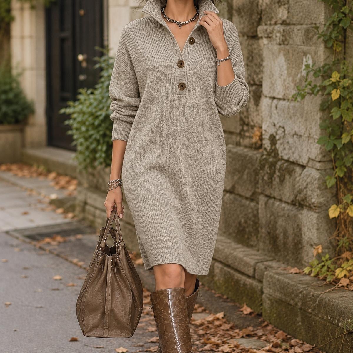 Wendy-Faye Ribbed Knit Dress - Khaki