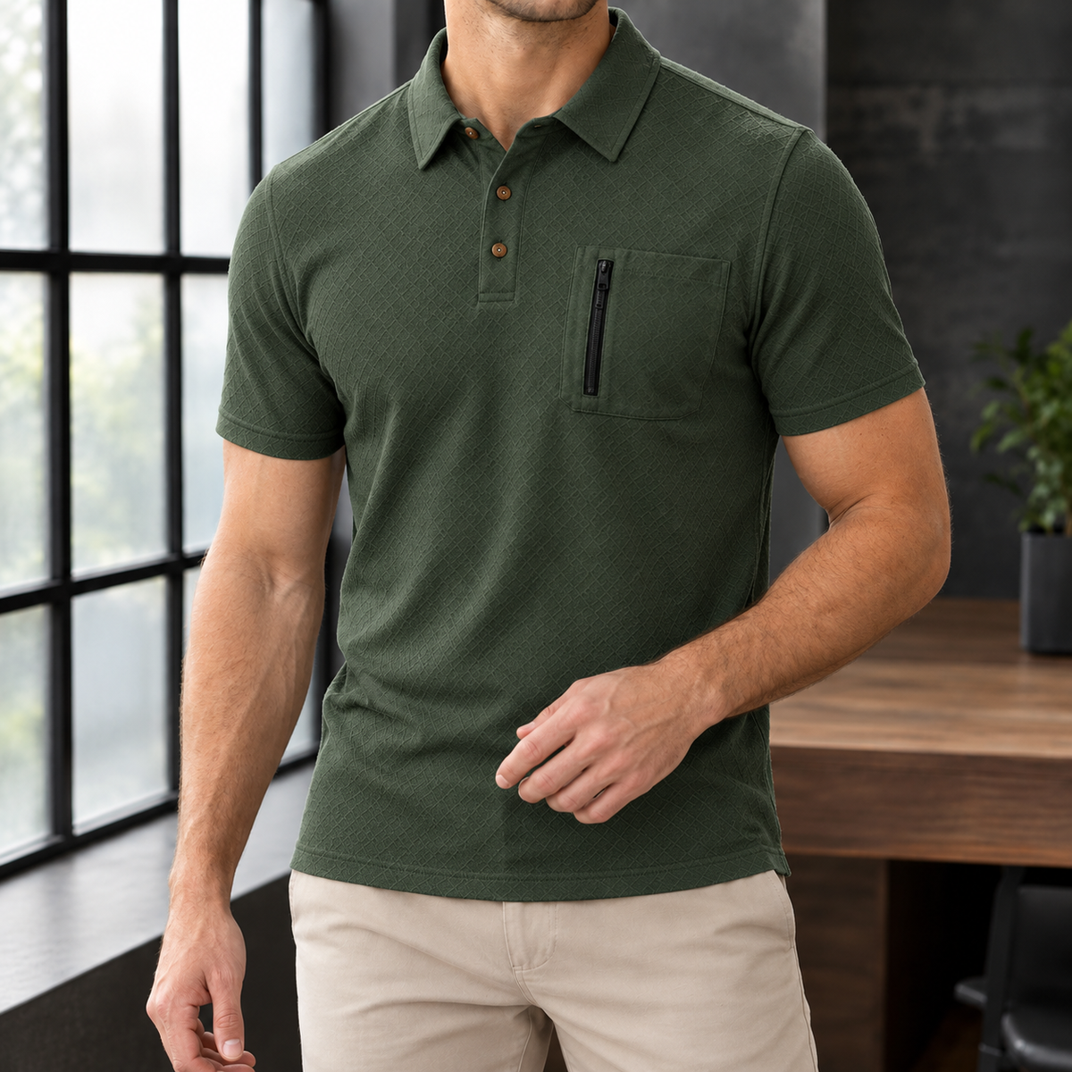 George-Grey Jacquard Polo Shirt - Military Green