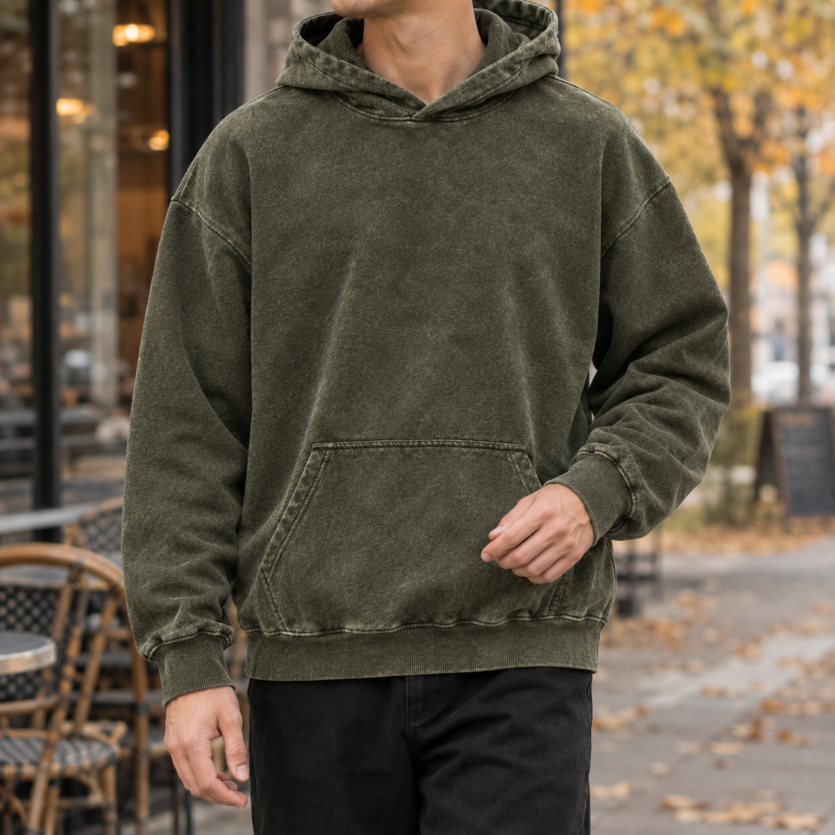Hugh Washed Hoodie - Distressed Army Green