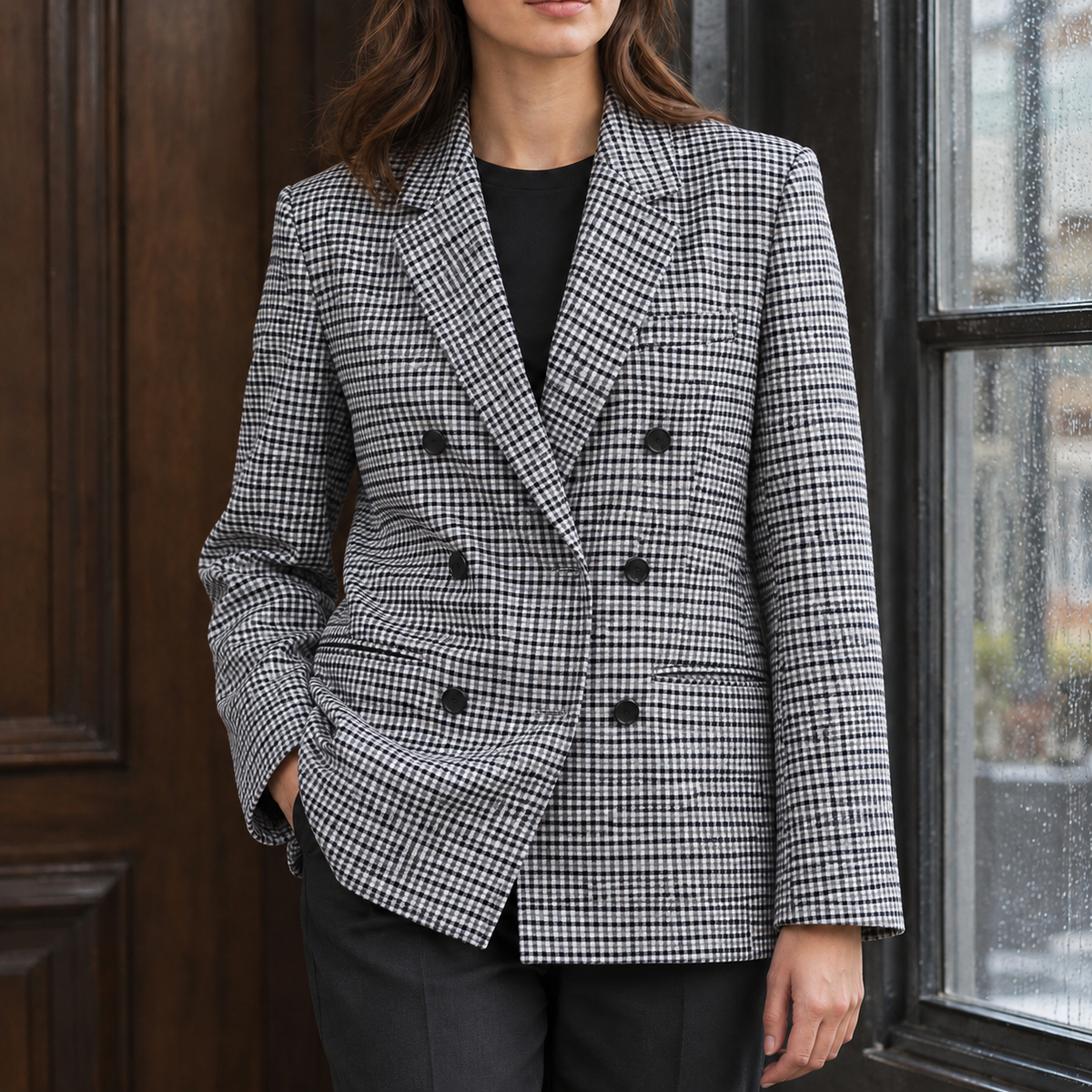 Annabelle Double Breasted Blazer - Black White Plaid