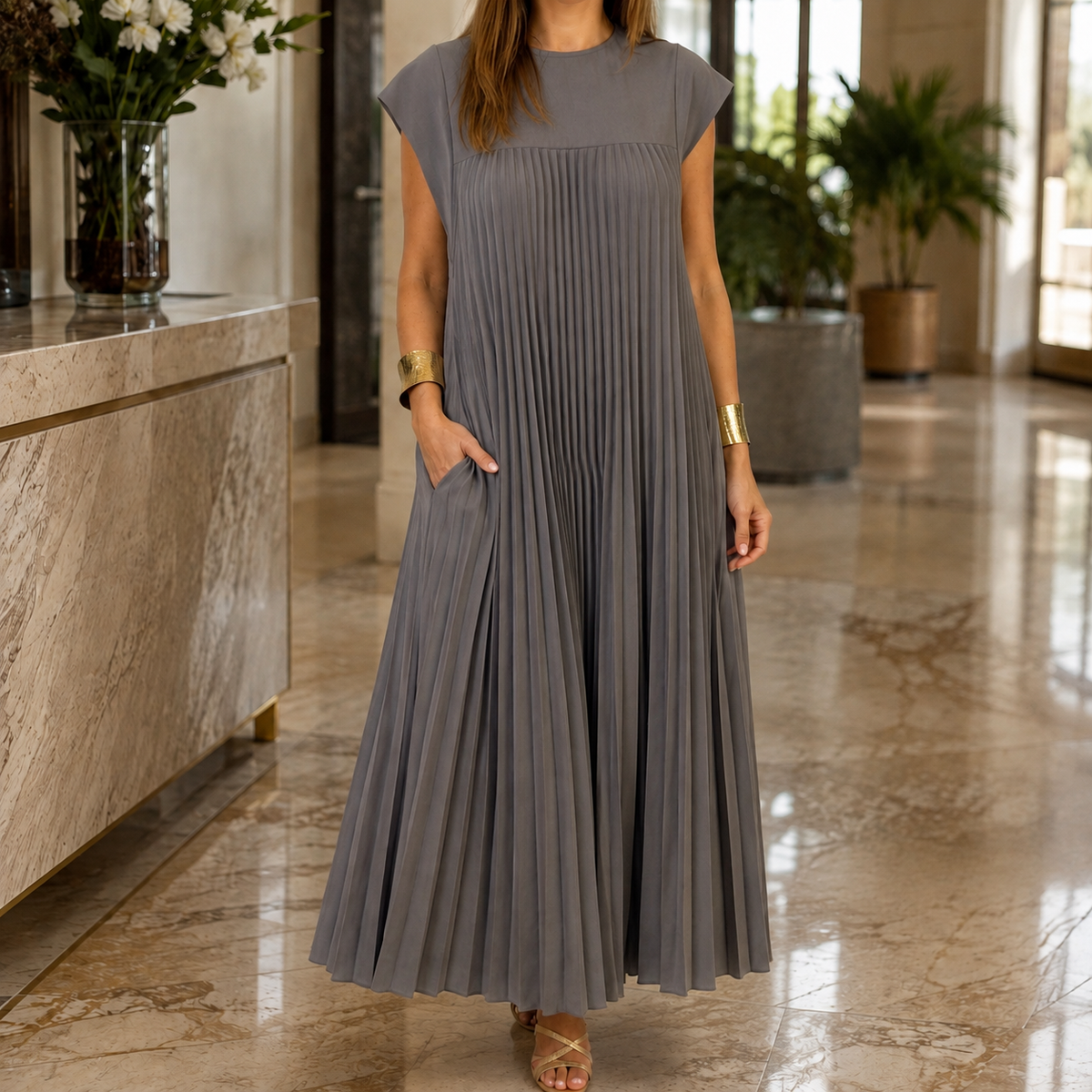 Willa Pleated Maxi Dress - Gray