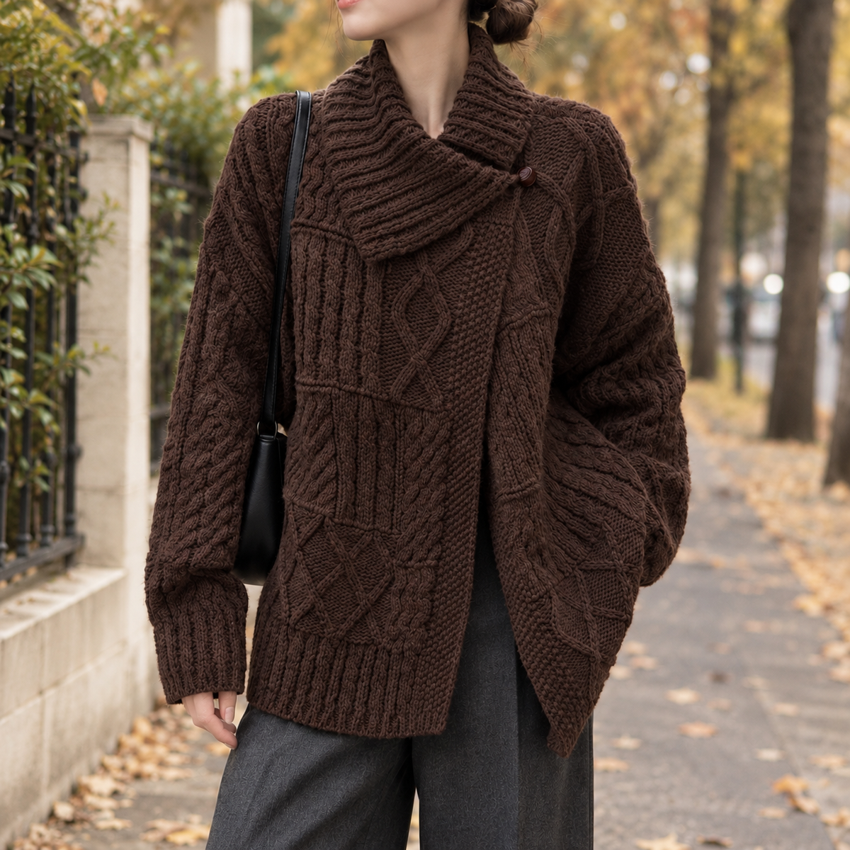 Emmeline-Skye Cable Knit Cardigan - Brown