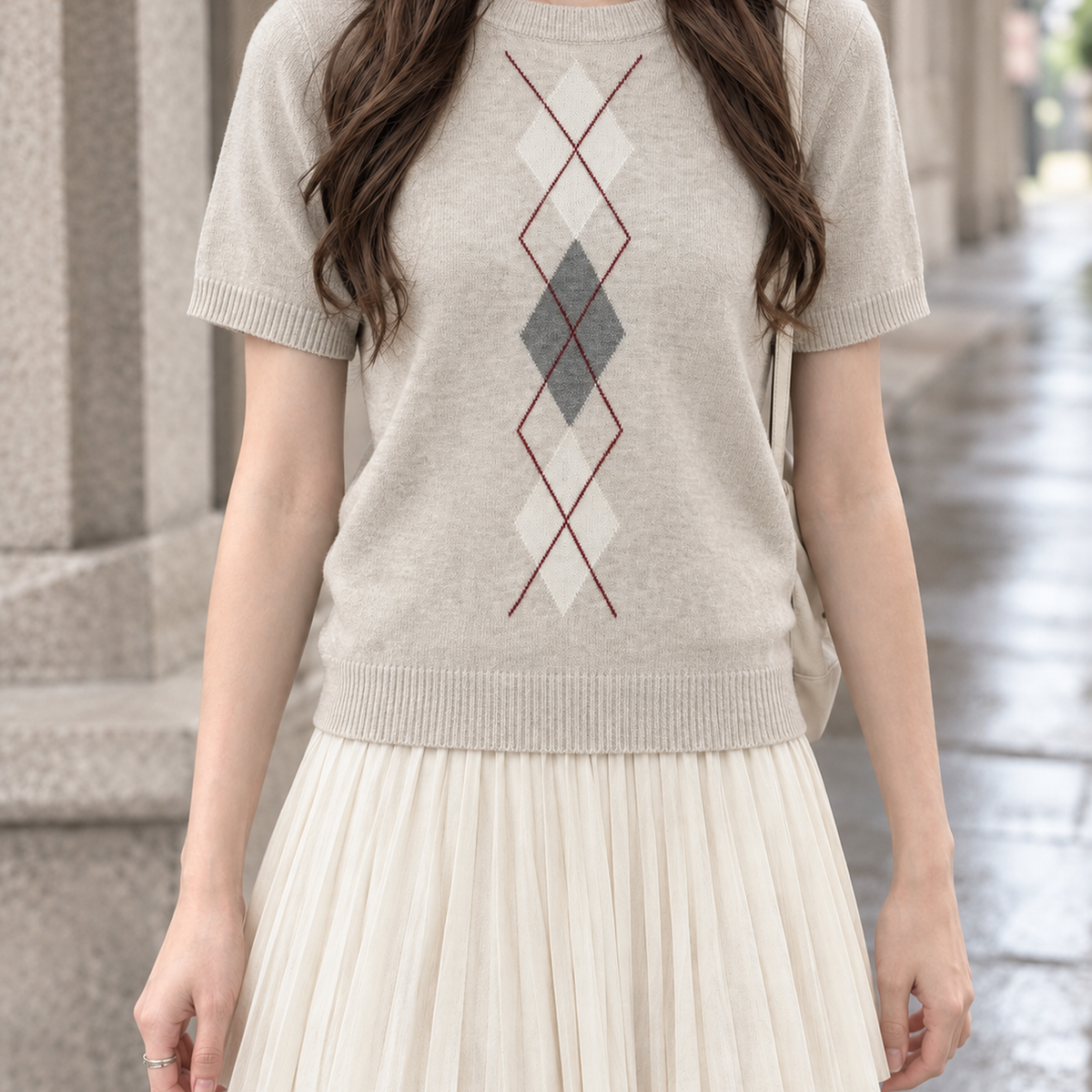 Millie-Grace Argyle Knit Top - Apricot