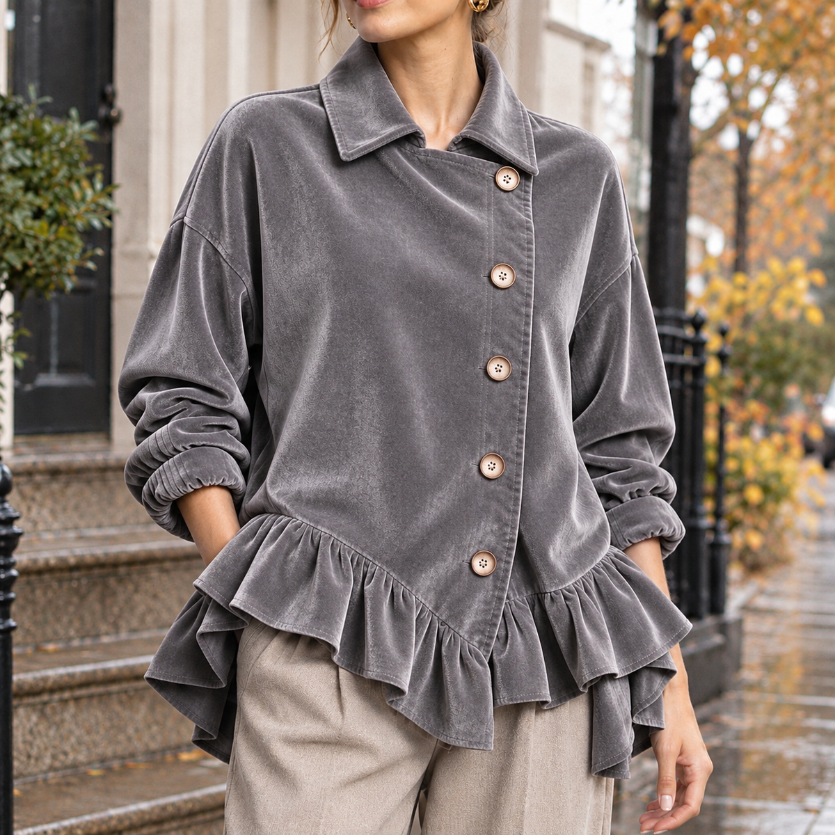 Lily-Kate Velvet Peplum Jacket - Gray