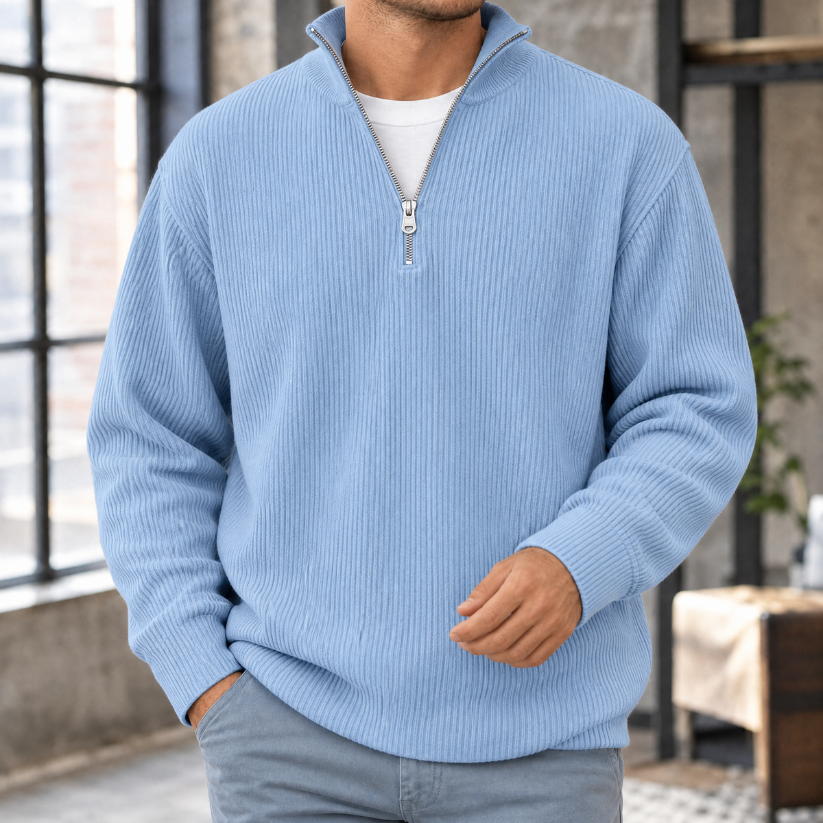 Macaire Ribbed Quarter-Zip Top - Sky Blue
