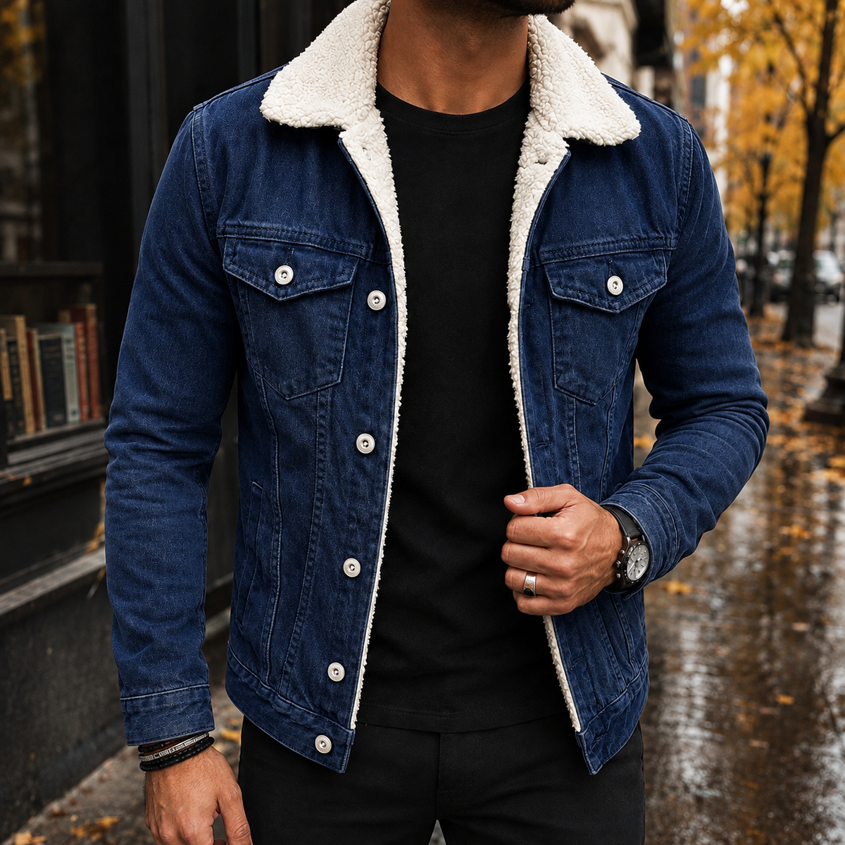 August Sherpa Denim Jacket - Dark Blue