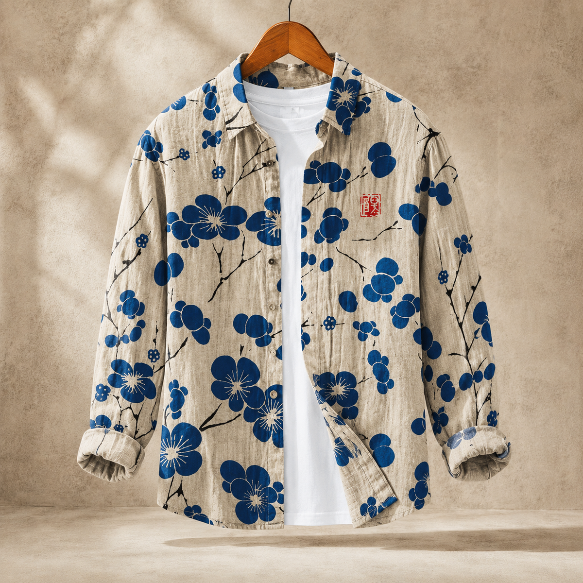 Wyatt Printed Shirt - Beige Cobalt Blossom