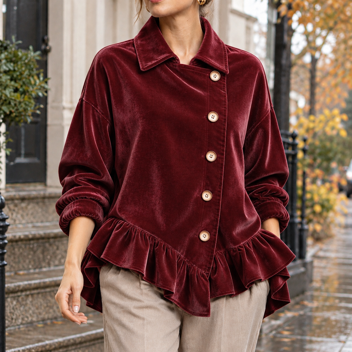 Lily-Kate Velvet Peplum Jacket - Red