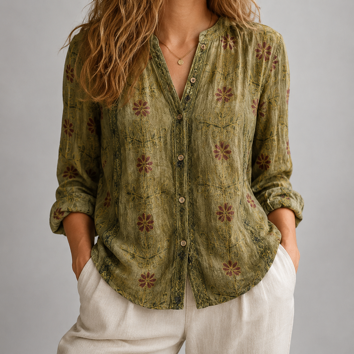 Elodie Split Neck Blouse - Green