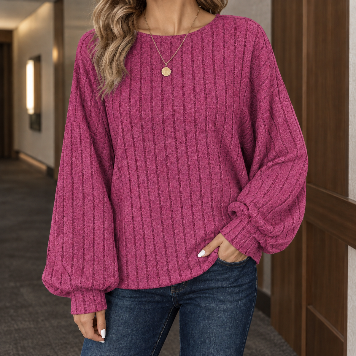 Arwen-Sage Ribbed Top - Rose Red