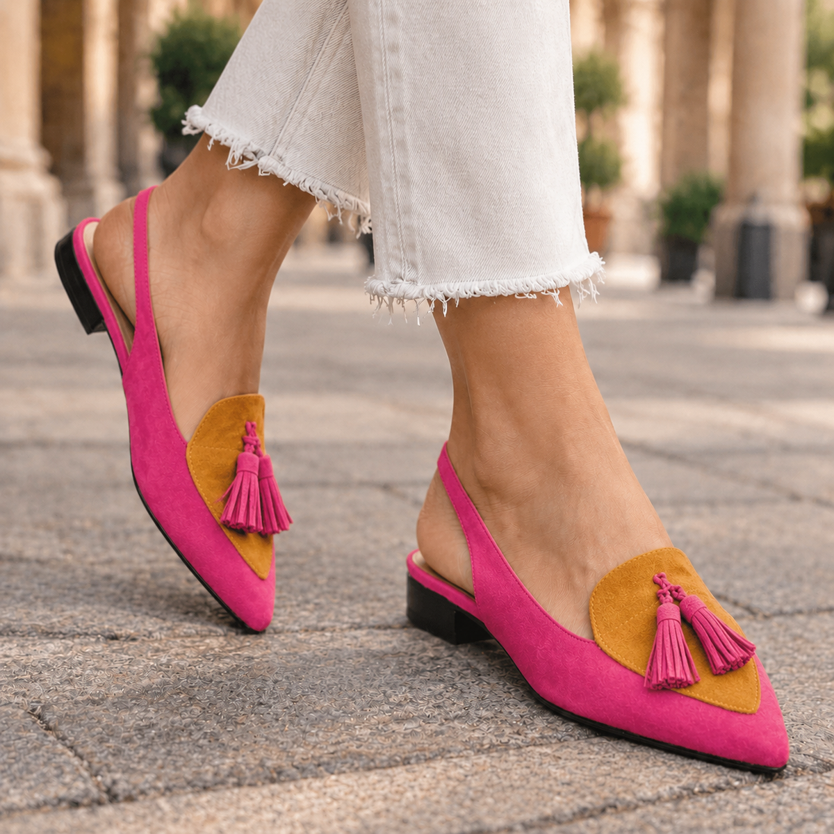 Vitale Tassel Slingbacks - Pink And Mustard