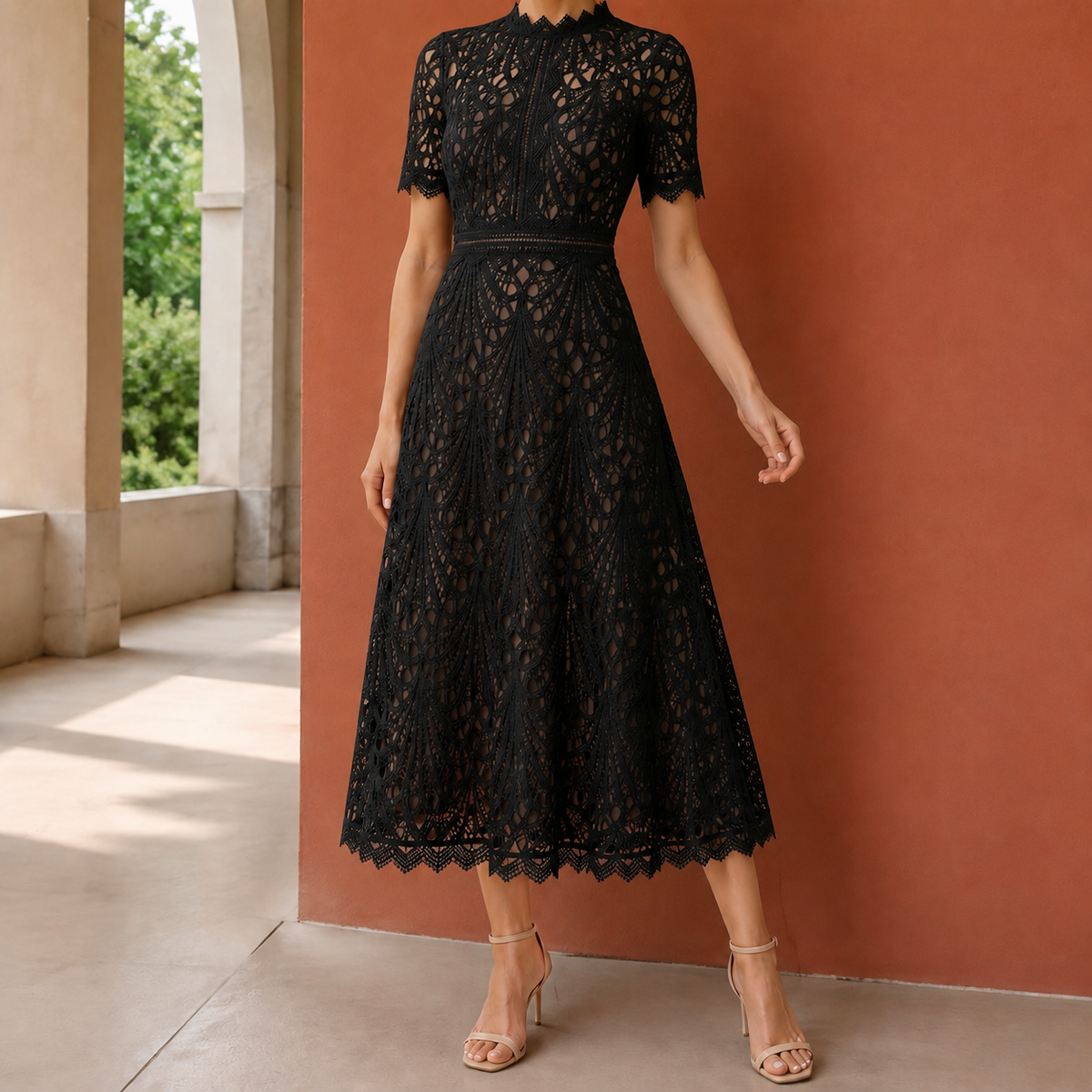 Colette Lace Midi Dress - Black