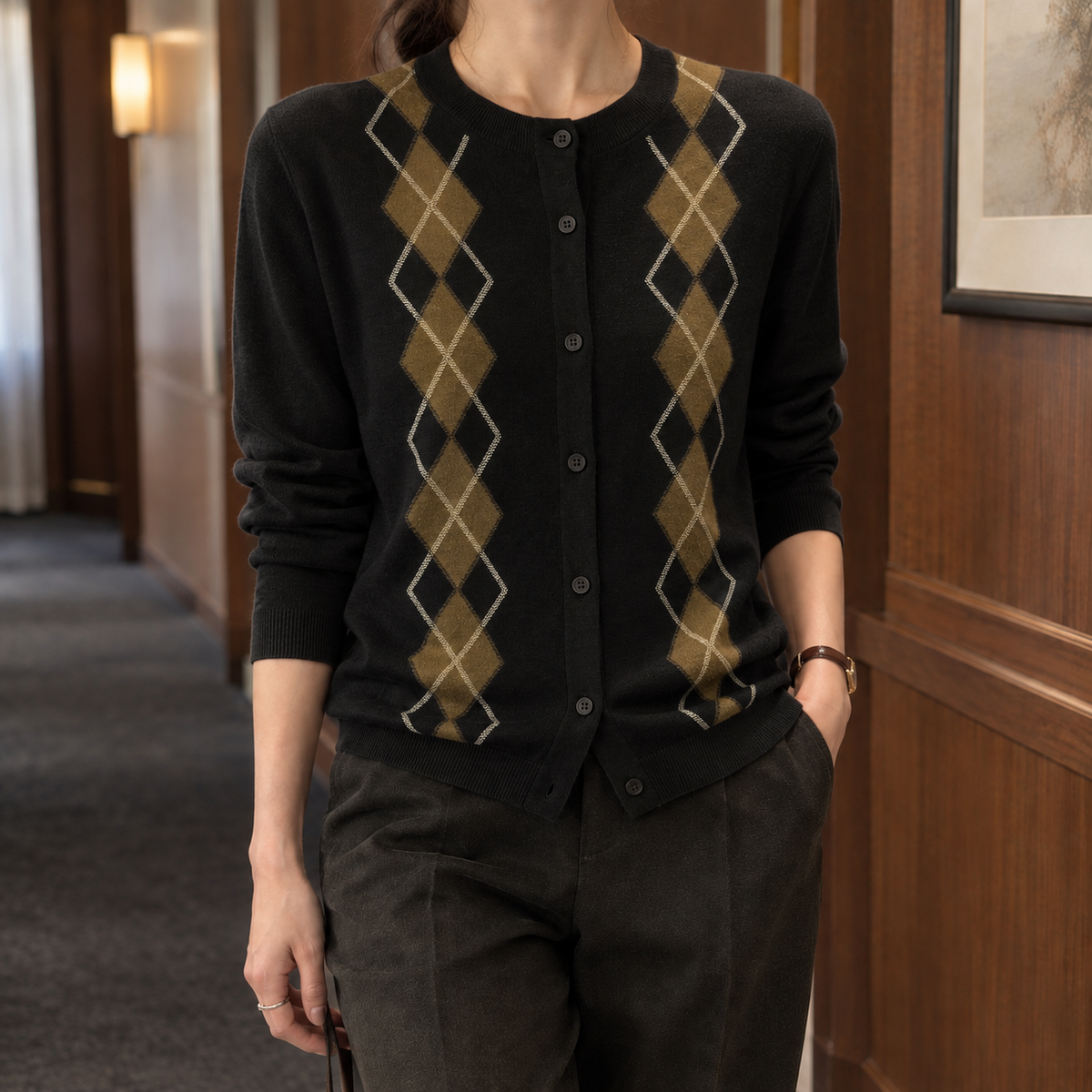 Kara-Claire Argyle Cardigan - Black