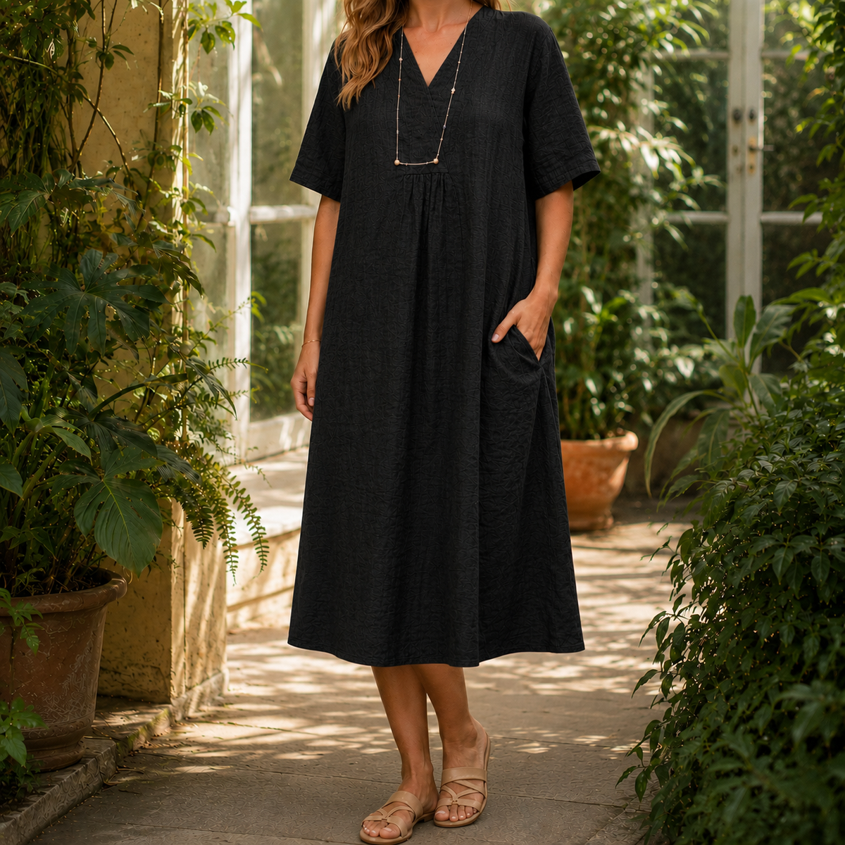 Nerissa Crinkle Midi Dress - Black