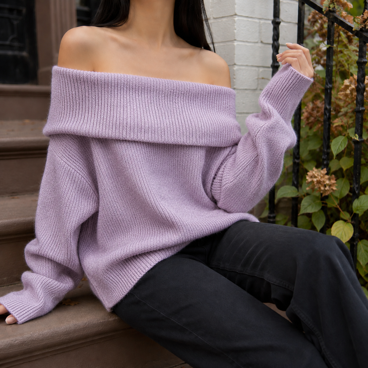 Annabeth Bardot Knit Sweater - Purple