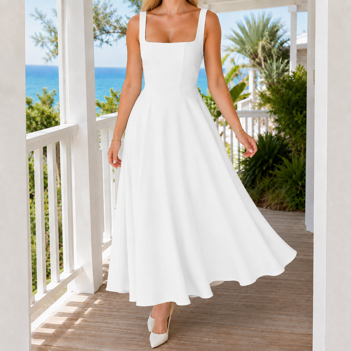 Yvette Square Neck Dress - White