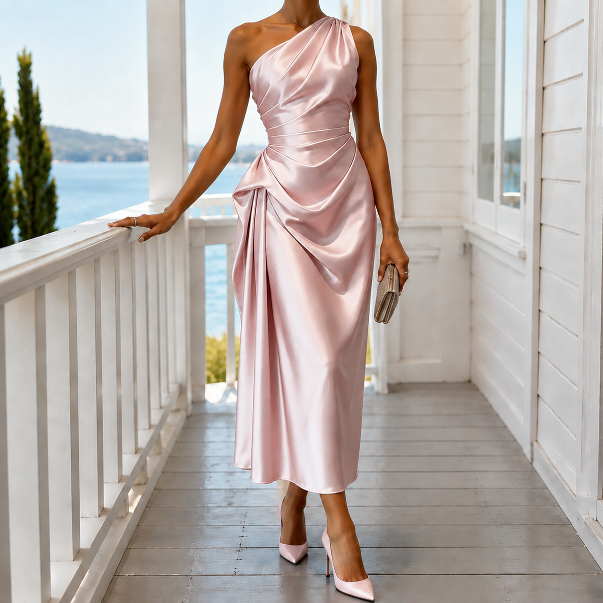 Alina One Shoulder Dress - Blush Pink