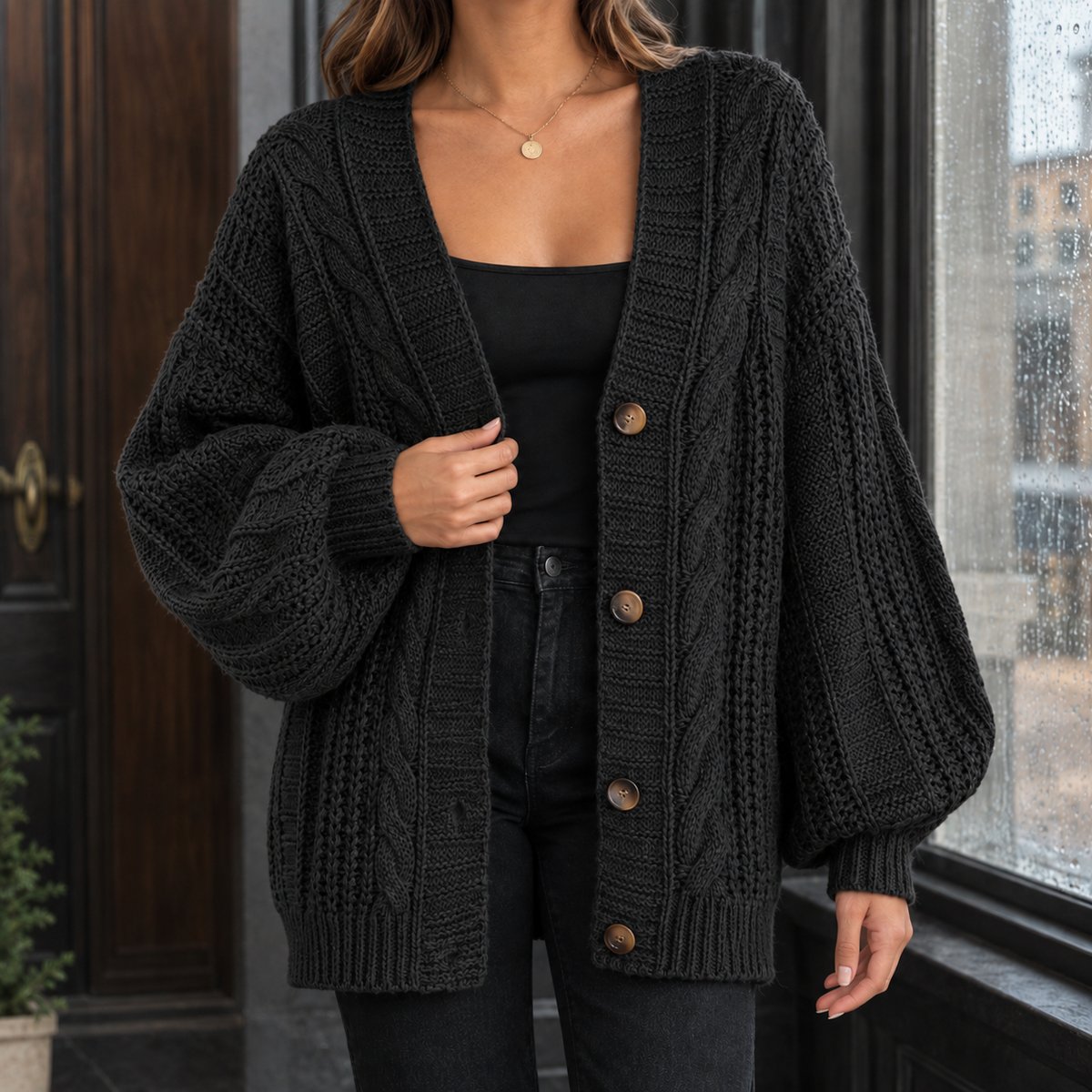 Ascelin Cable Knit Cardigan - Black