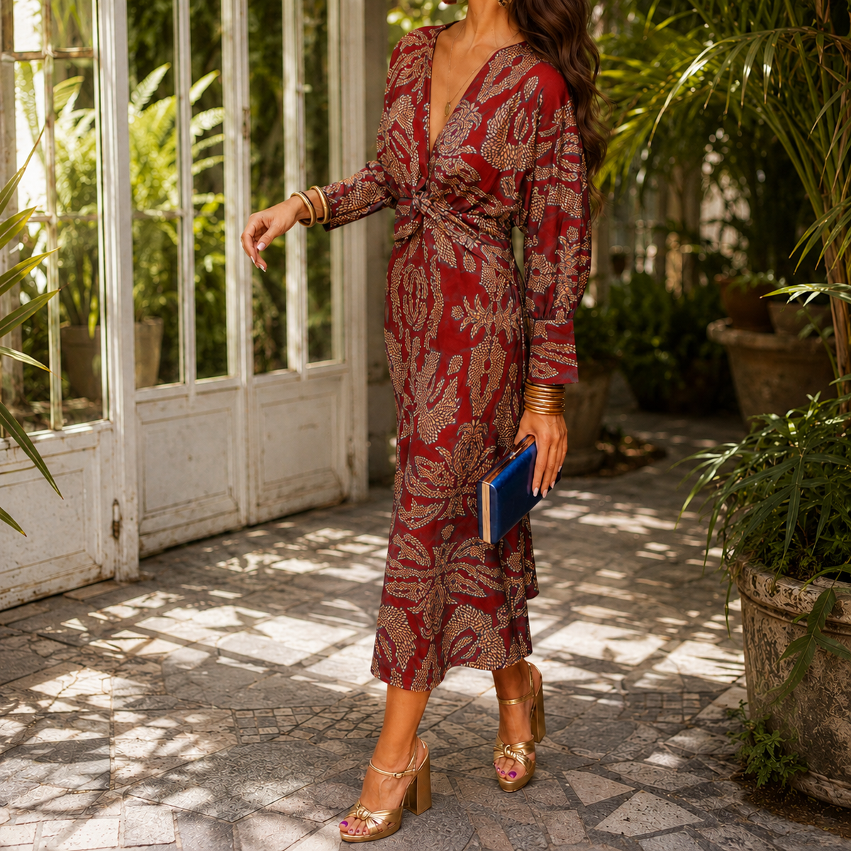 Rosalind Printed Midi Dress - Red
