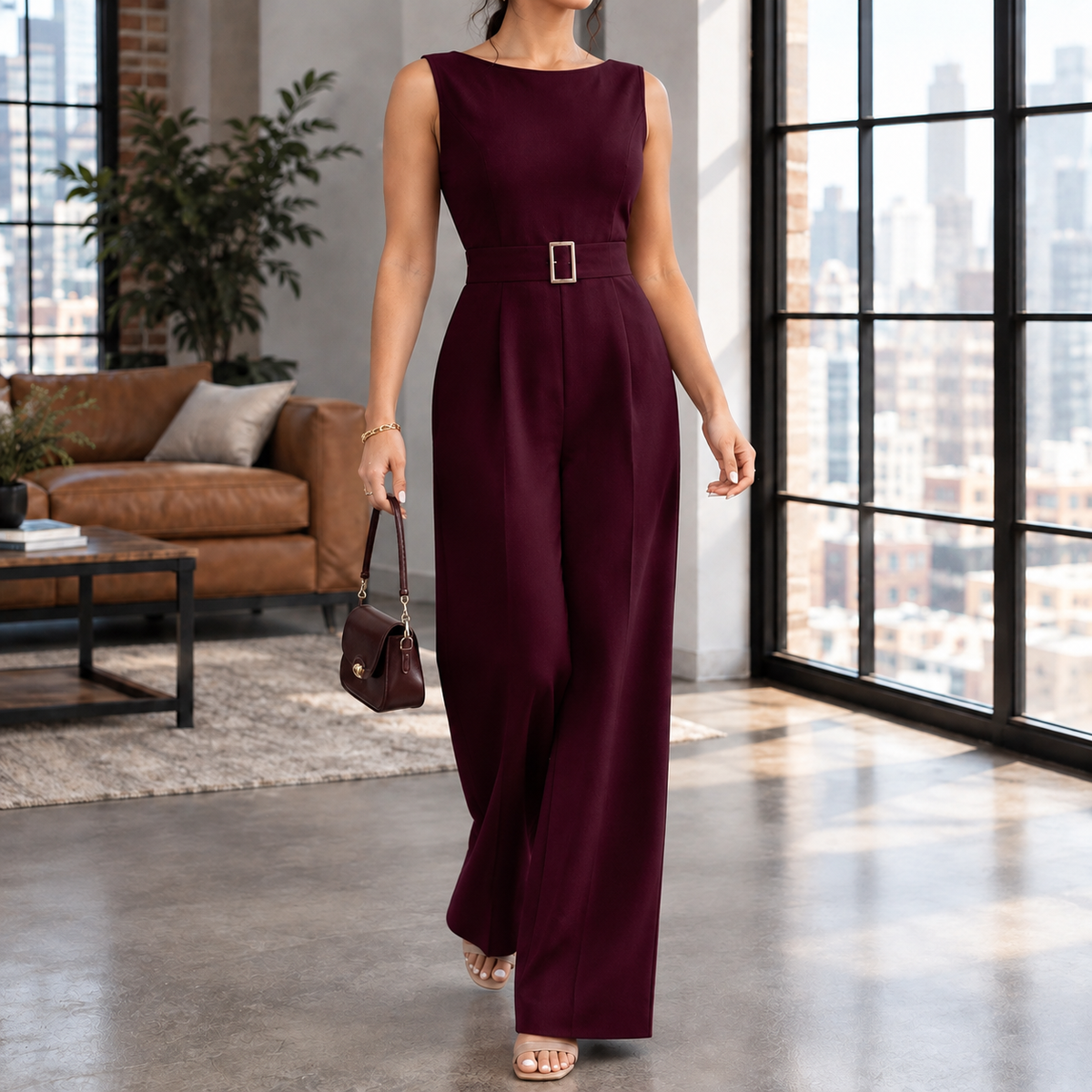 Ines Wide Leg Jumpsuit - Burgundy