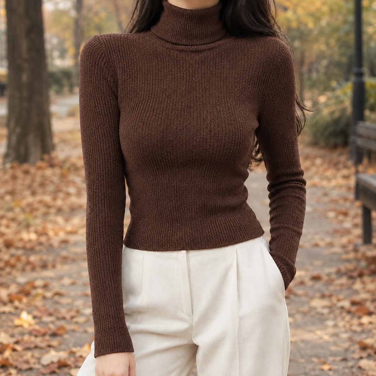 Kelsey-Jane Ribbed Turtleneck Top - Brown