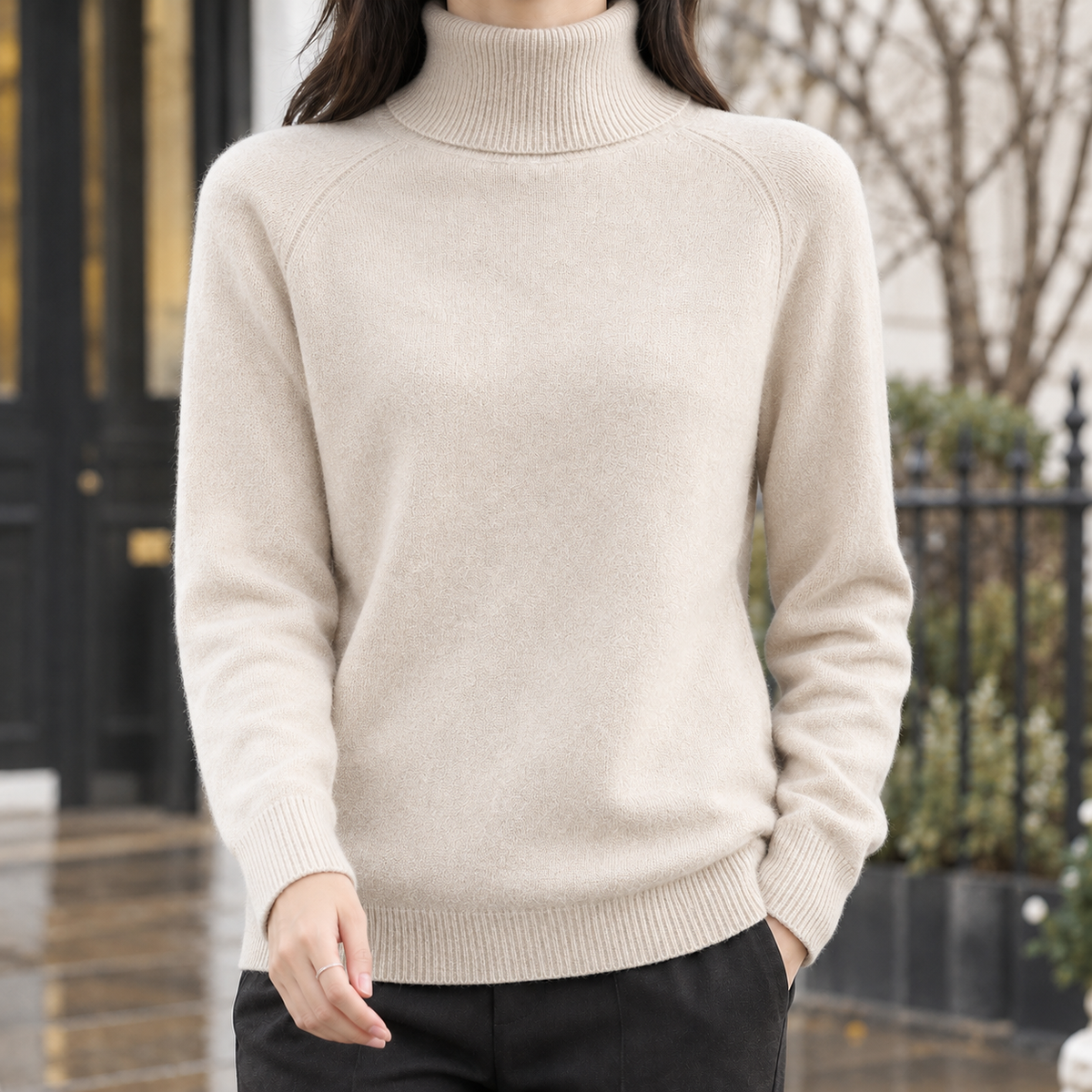 Cadence-Sage Turtleneck Sweater - Beige