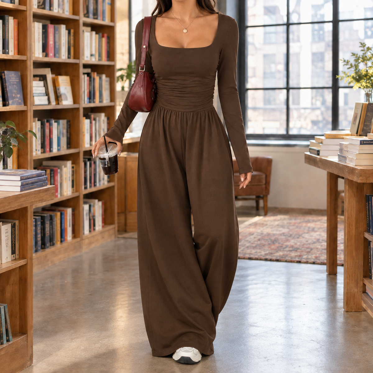 Ariana Square Neck Jumpsuit - Dark Brown