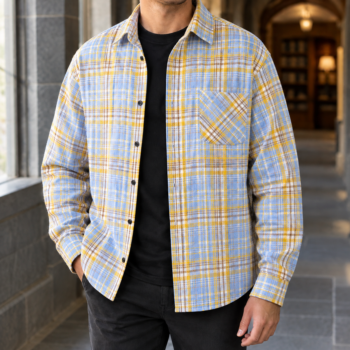 Rhys Plaid Overshirt - Yellow and Blue Plaid