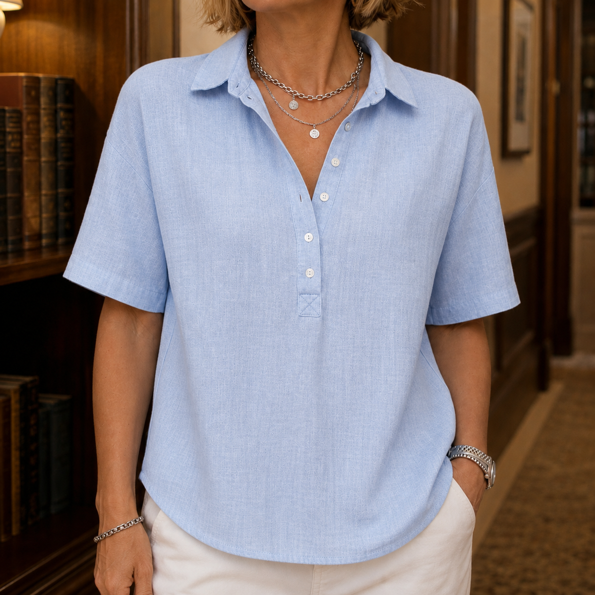 Anais-Pearl Collared Blouse - Light Blue