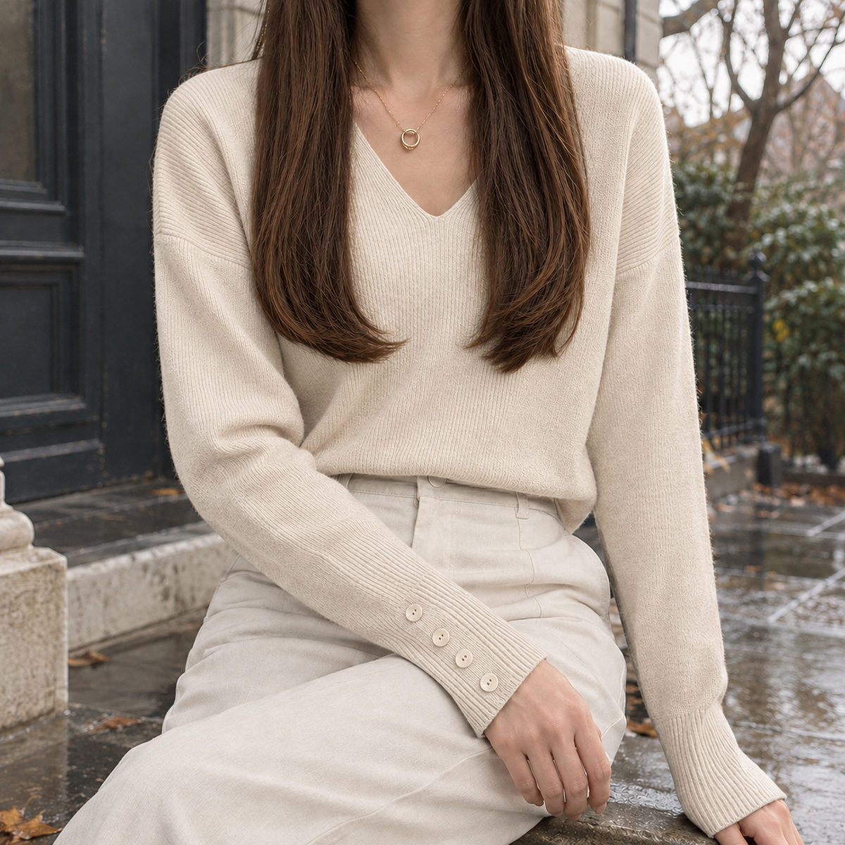 Tamsin-Elise V Neck Sweater - Apricot
