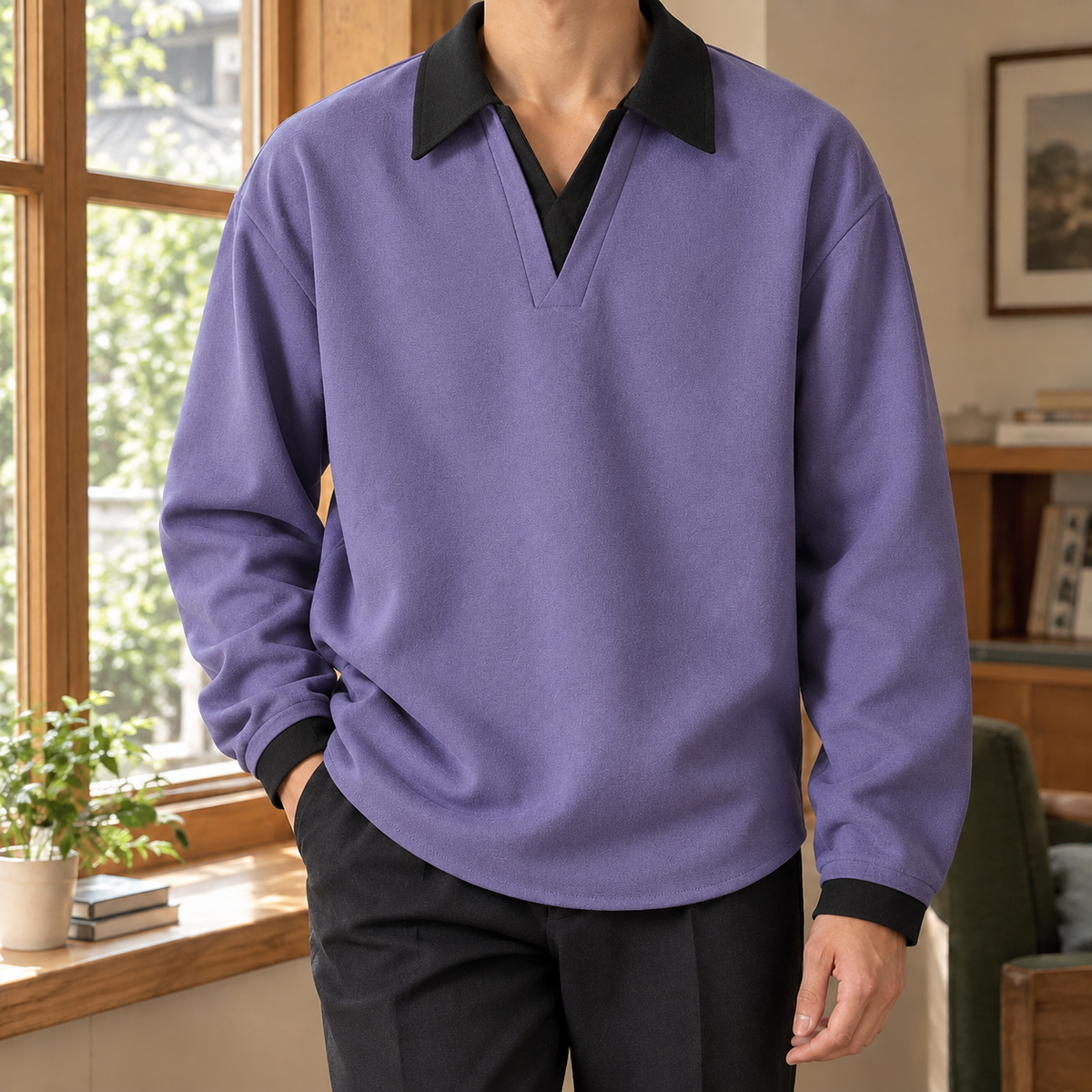 Maximilian Contrast Collar Top - Purple