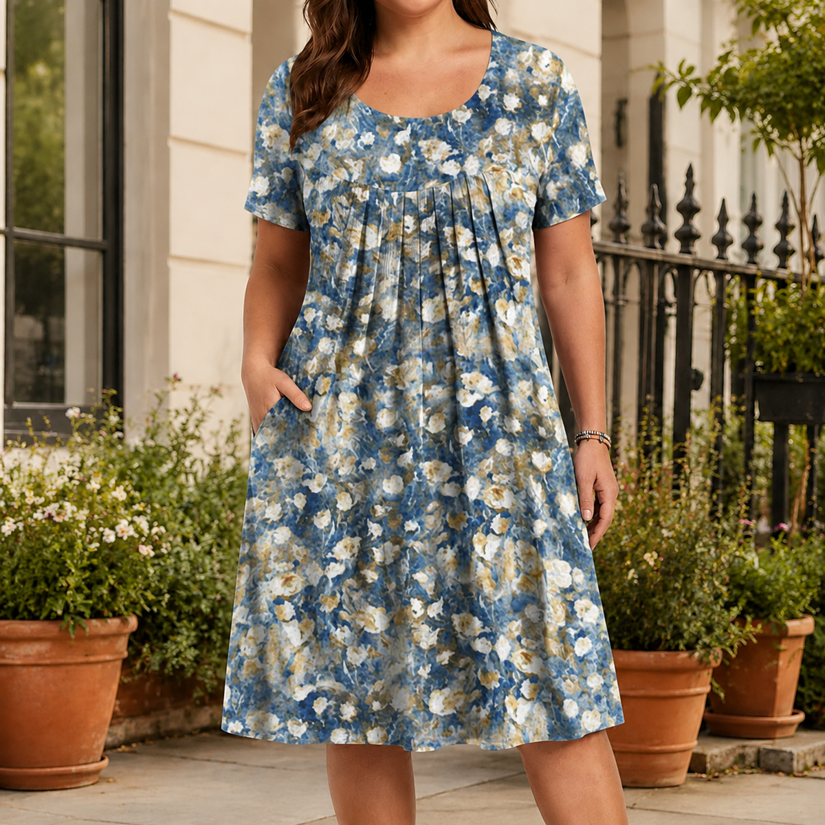Genevieve Pleated A-Line Dress - Light Floral Blue