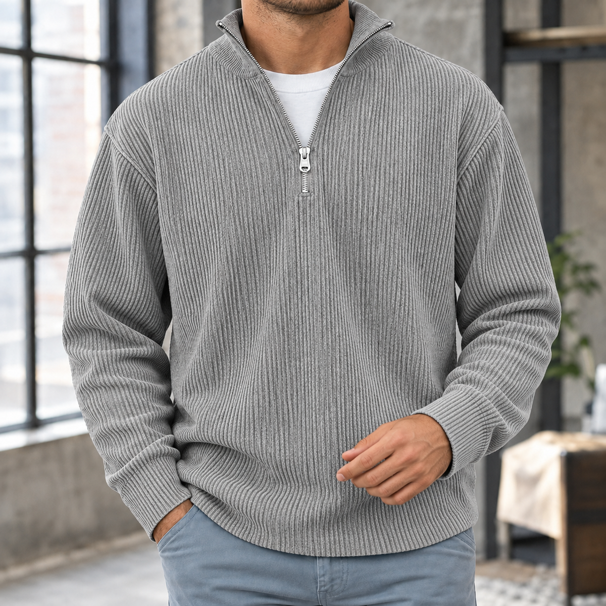 Macaire Ribbed Quarter-Zip Top - Gray