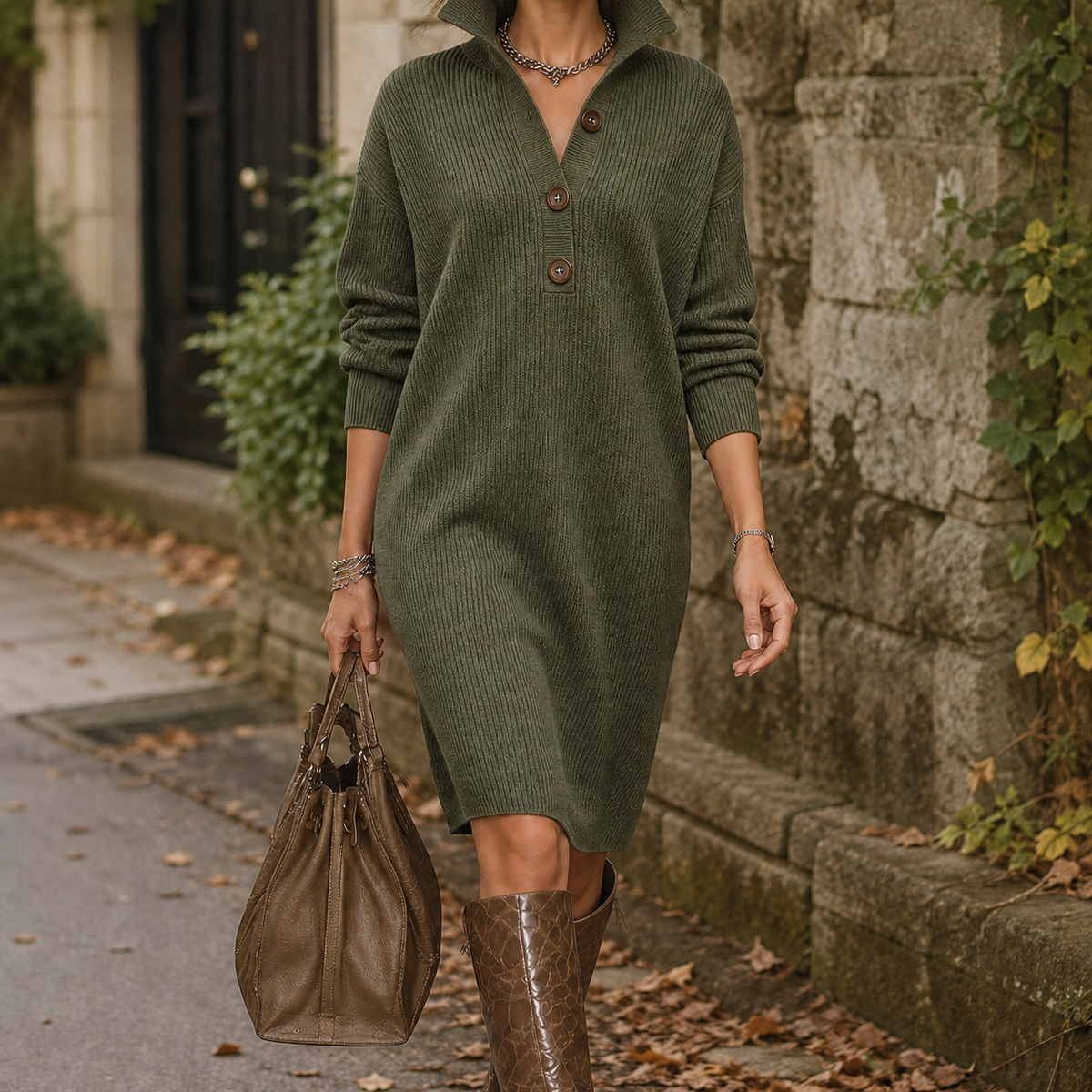 Wendy-Faye Ribbed Knit Dress - Olive Green
