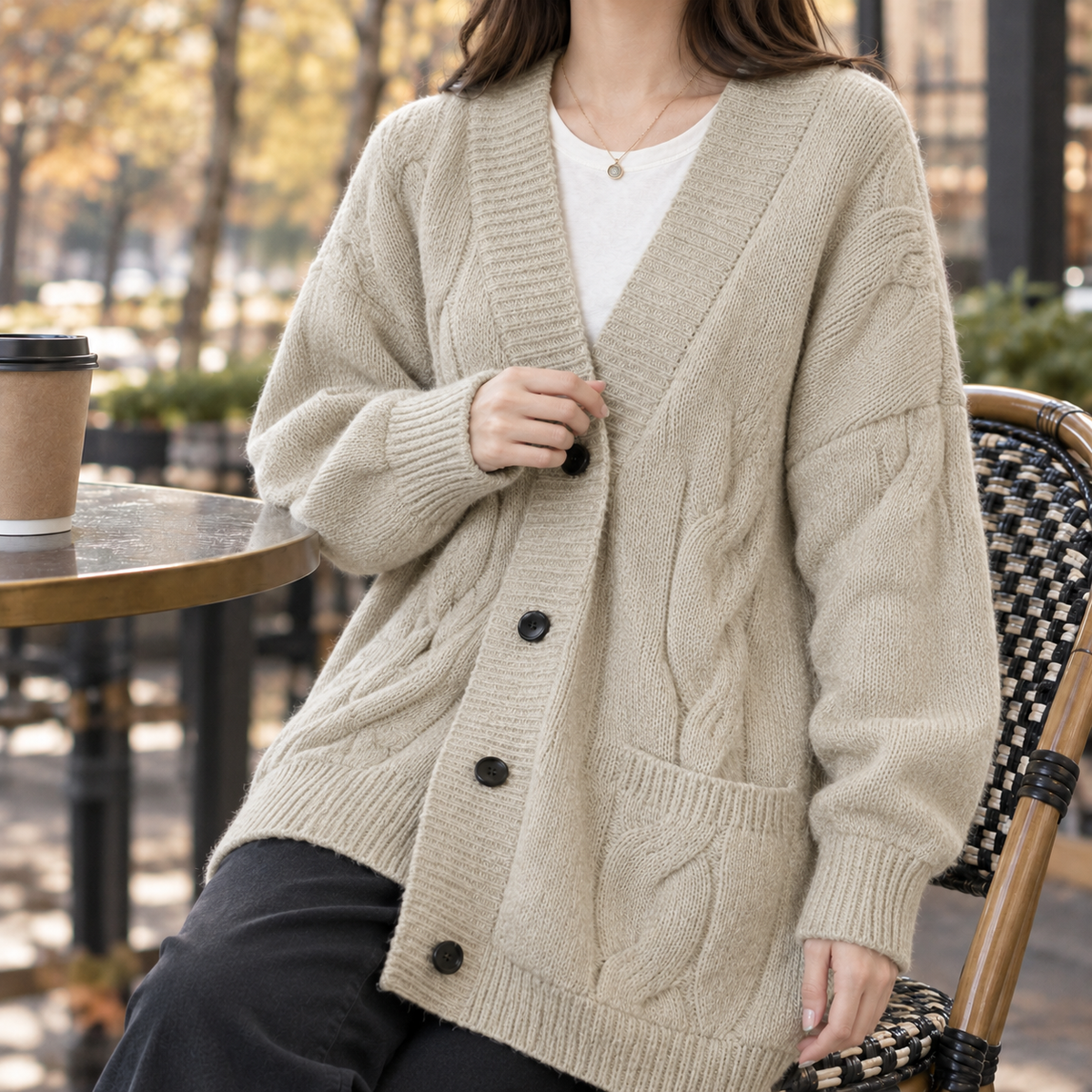 Jacinta-Pearl Cable Knit Cardigan - Khaki