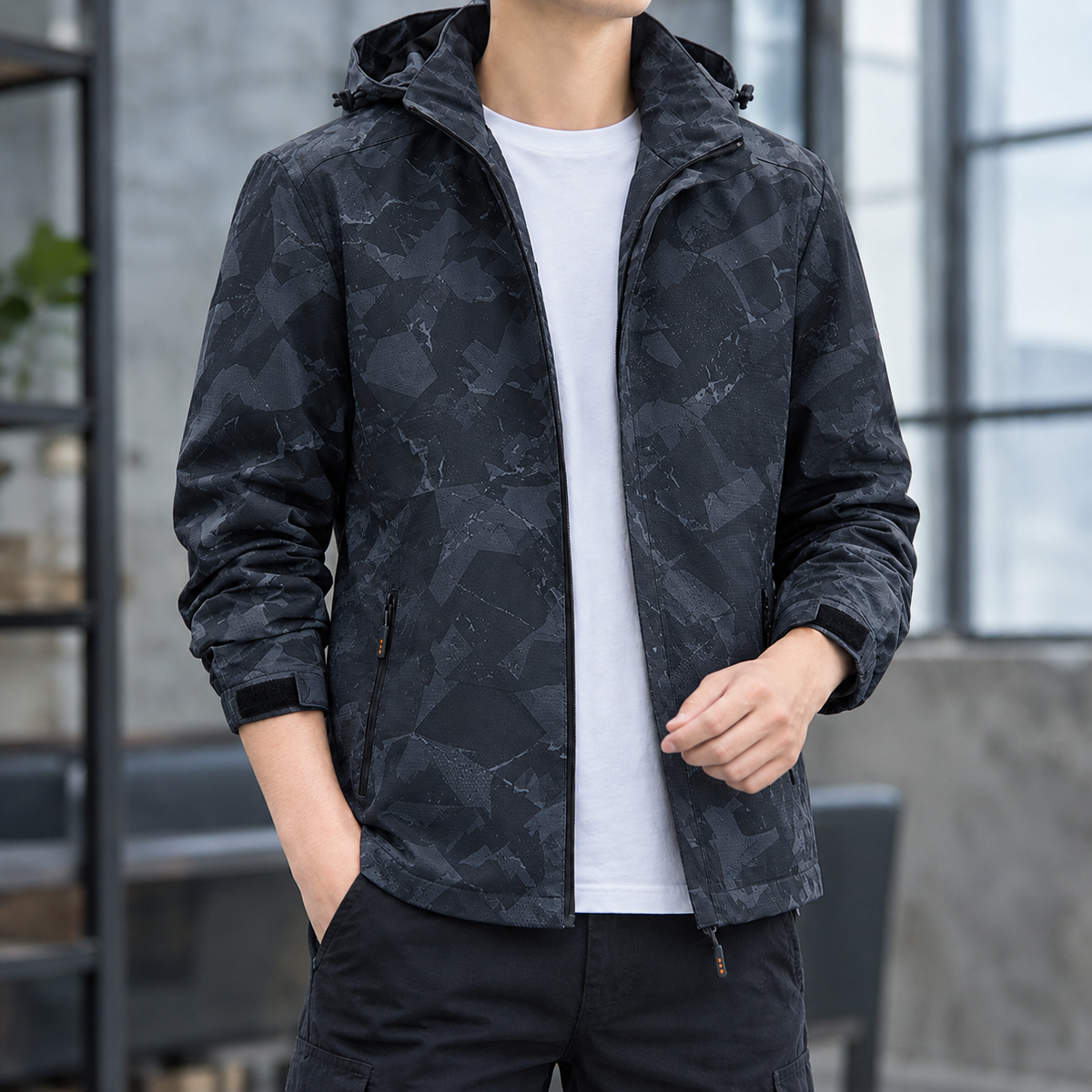 Clovis Hooded Jacket - Black Geometric Print