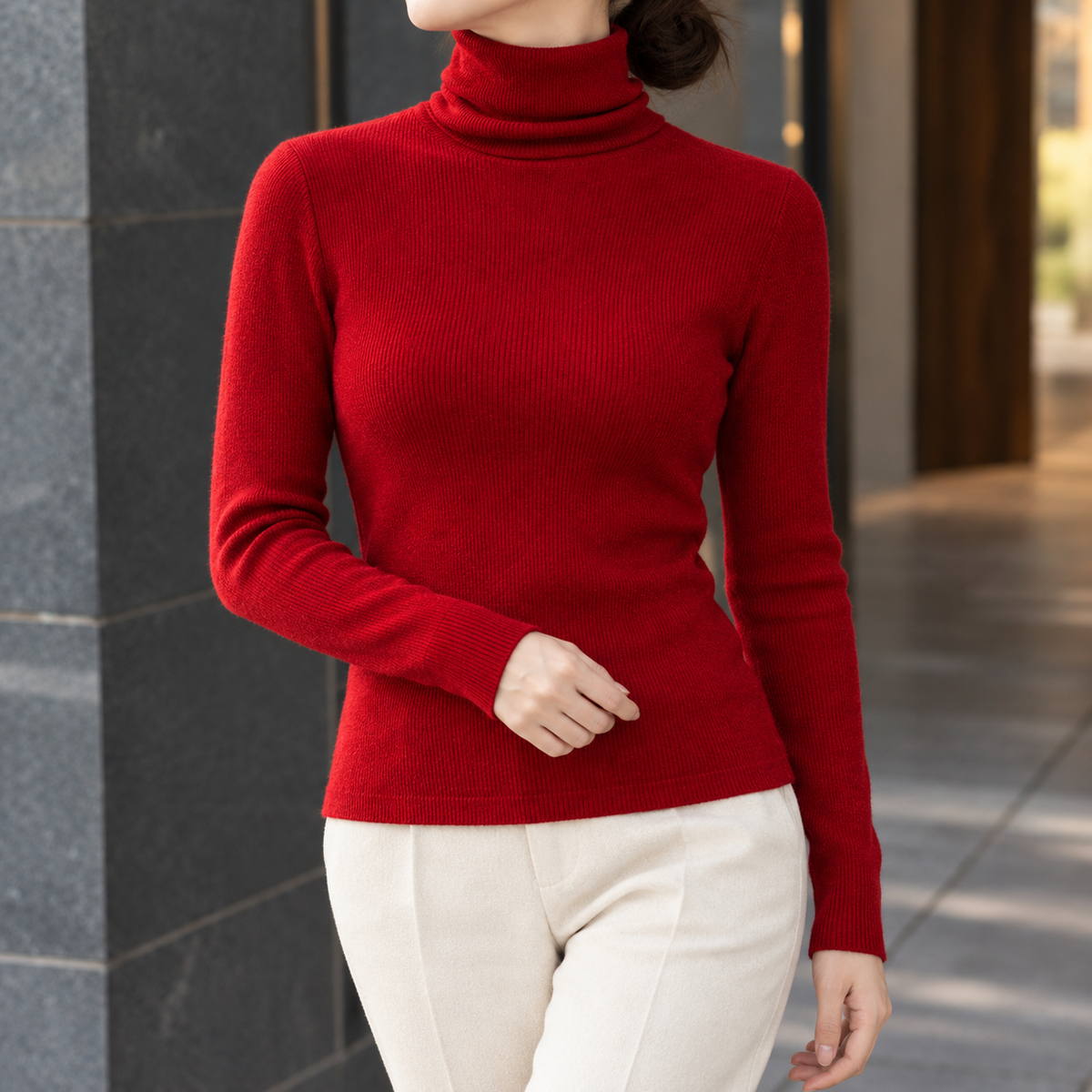 Honora-Louise Ribbed Turtleneck Top - Red