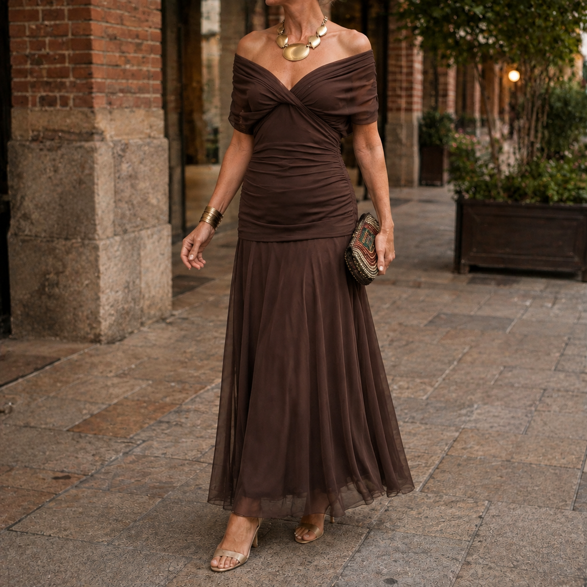Clara Ruched Maxi Dress - Brown