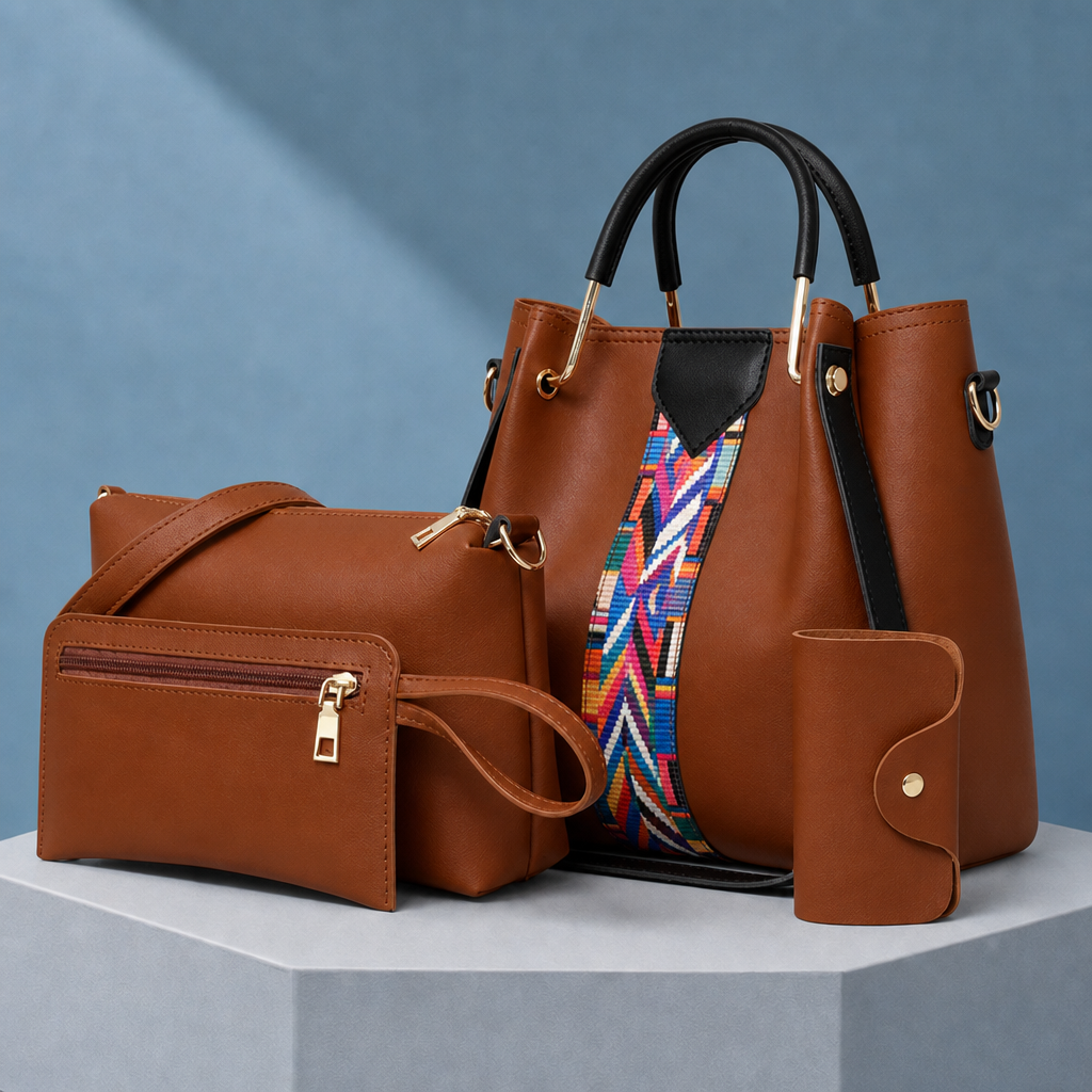 Rimini Geometric Handbag Set - Brown