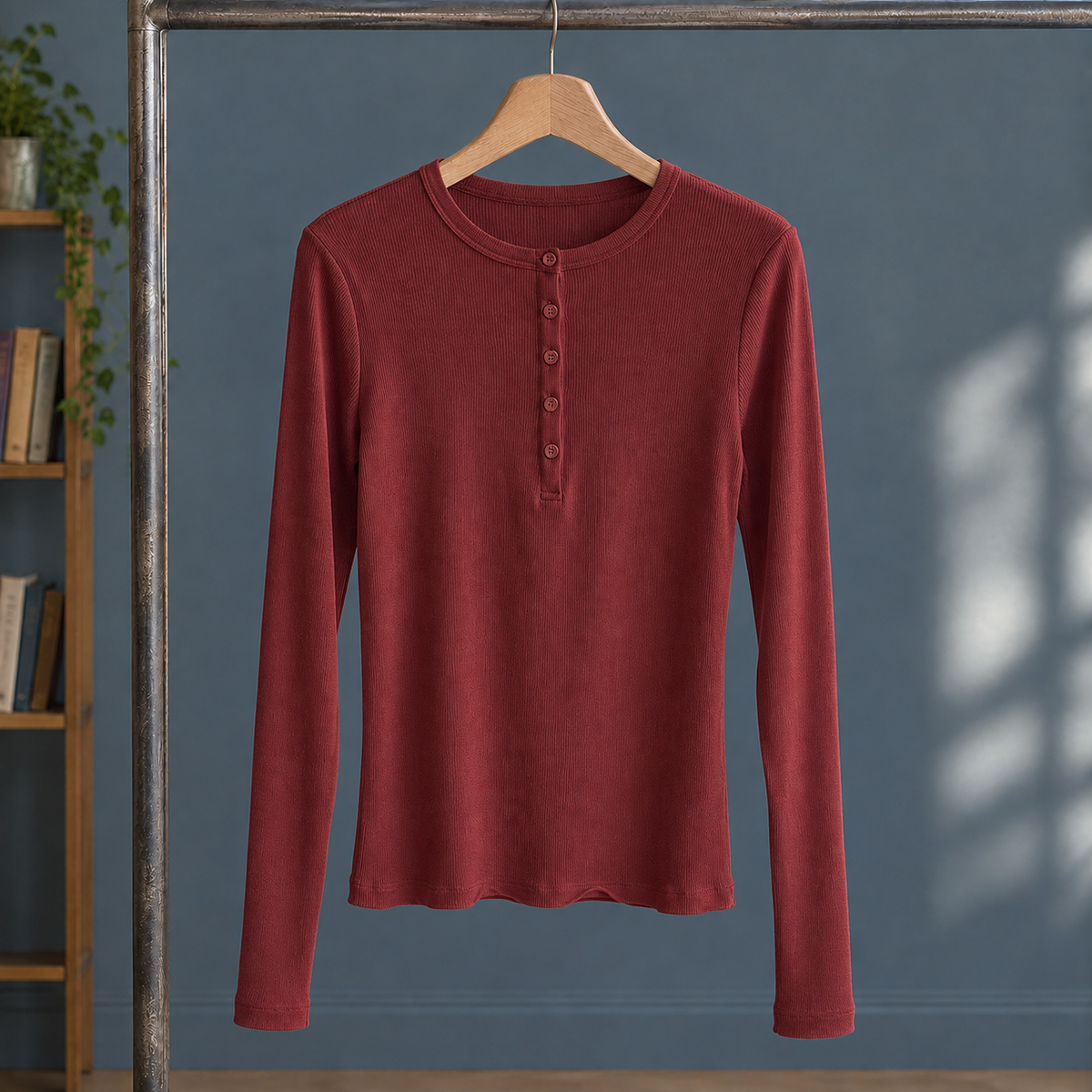 Cadence-Marie Ribbed Henley Top - Maroon Red