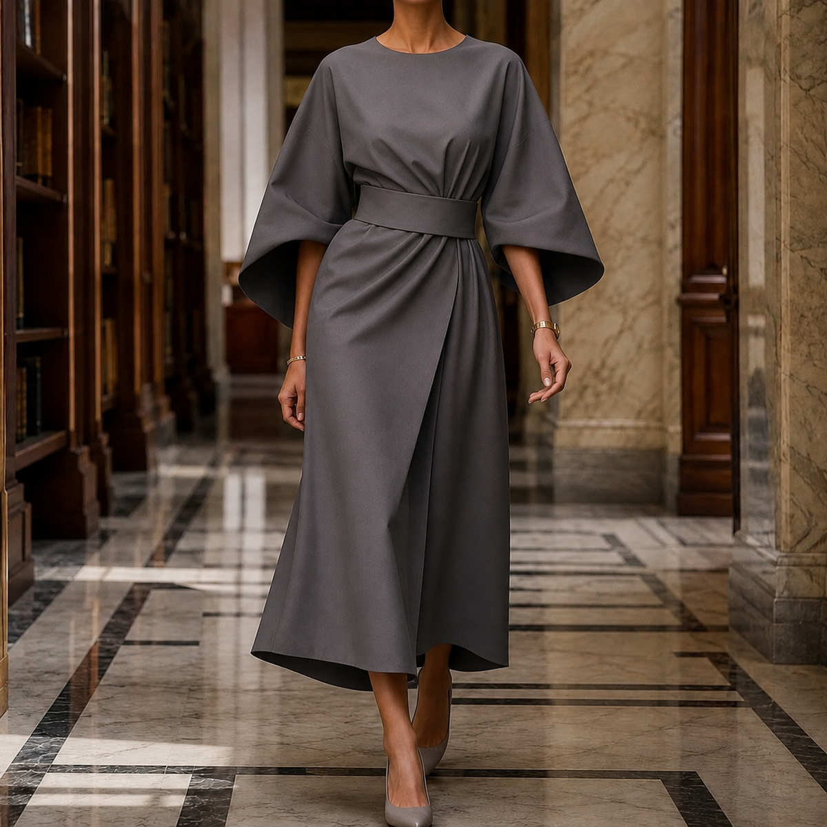 Astrid-Hope Belted Midi Dress - Gray