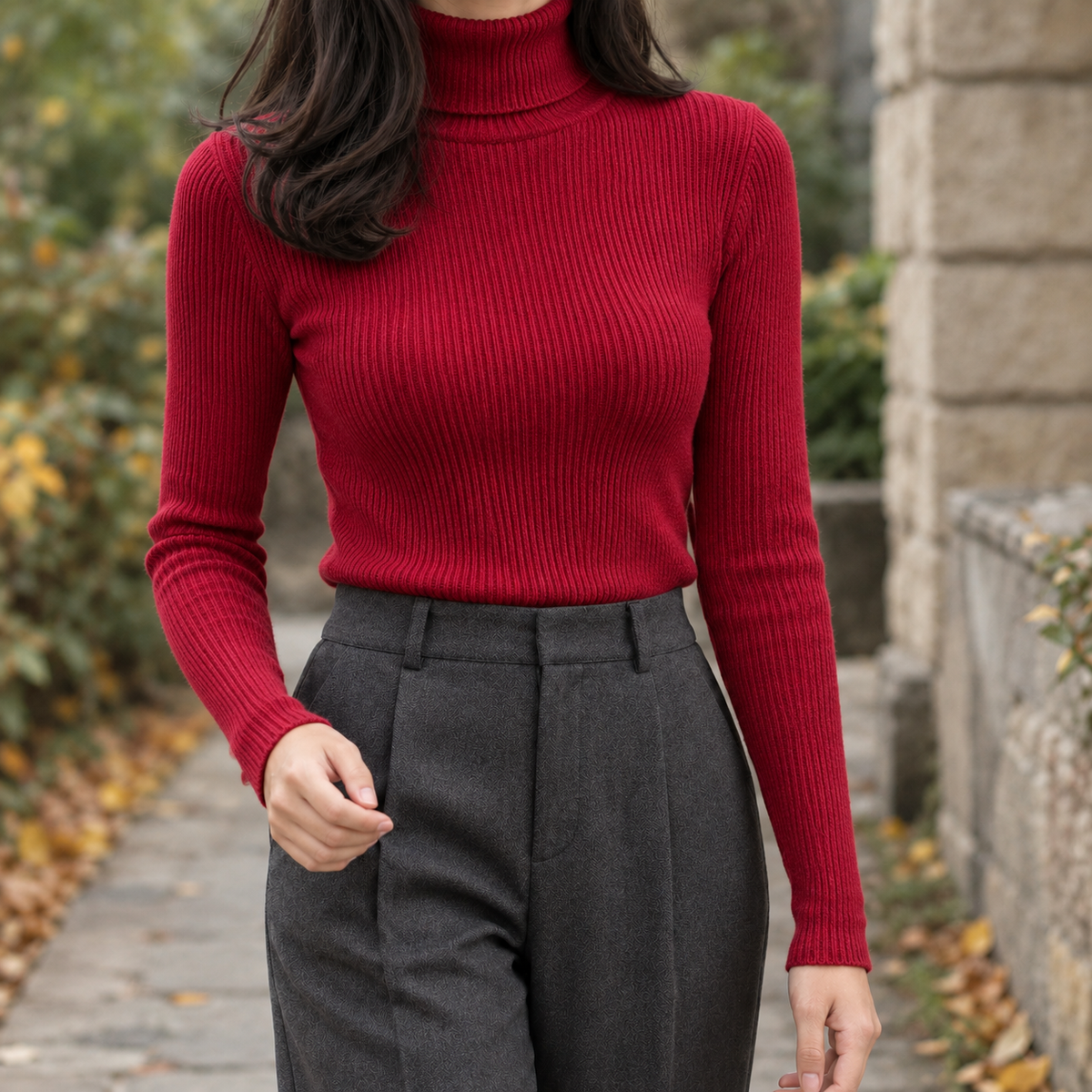 Natalia-Marie Ribbed Turtleneck Top - Wine Red