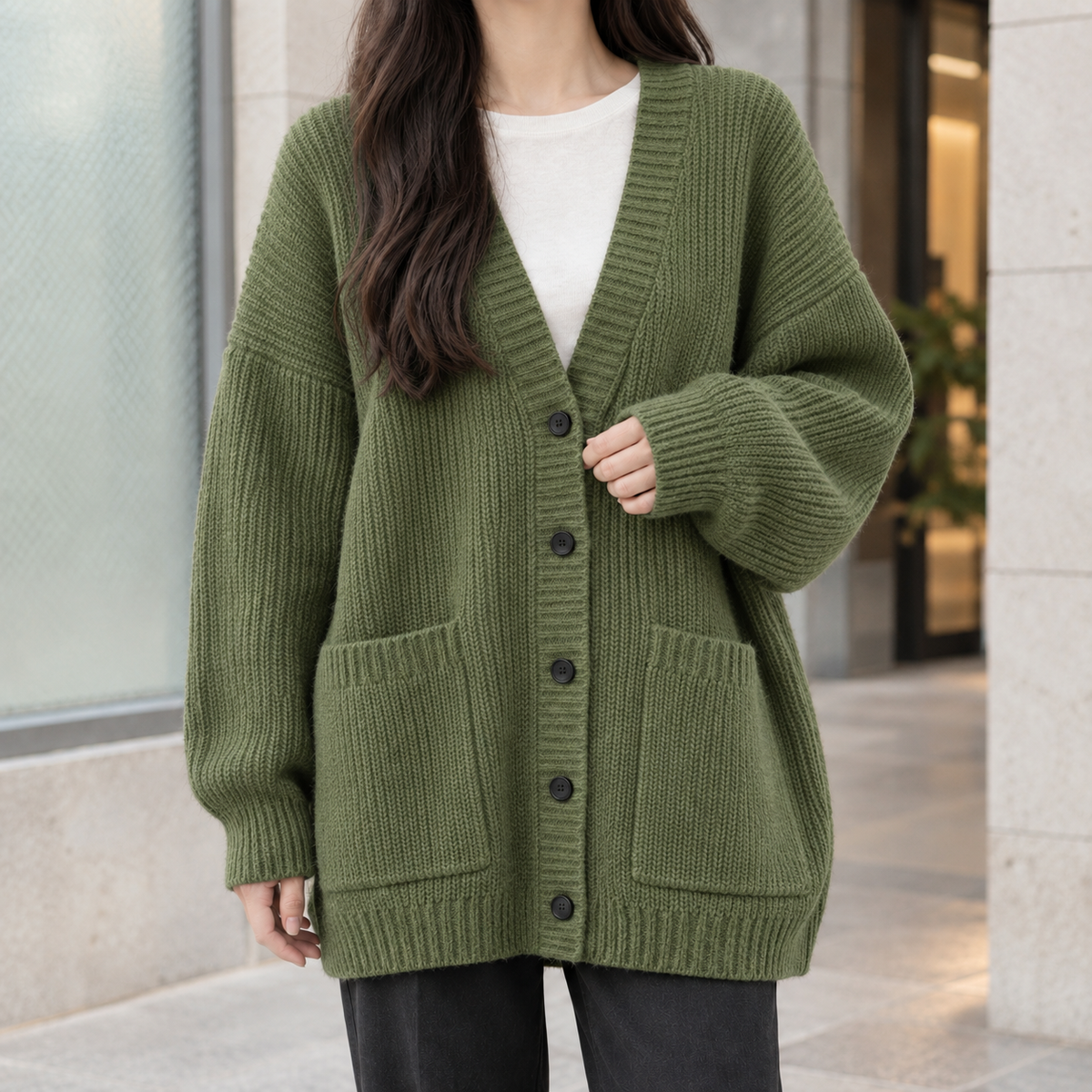 Thalia-Grace Ribbed Cardigan - Green