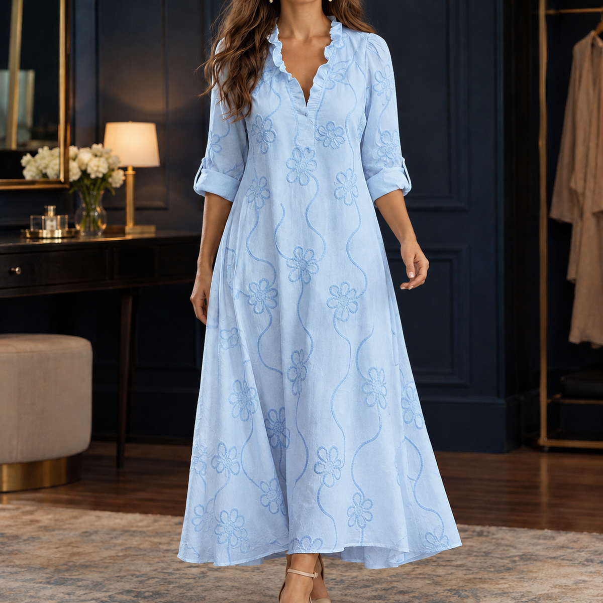 Dahlia-Sage Embroidered Maxi Dress - Sky Blue