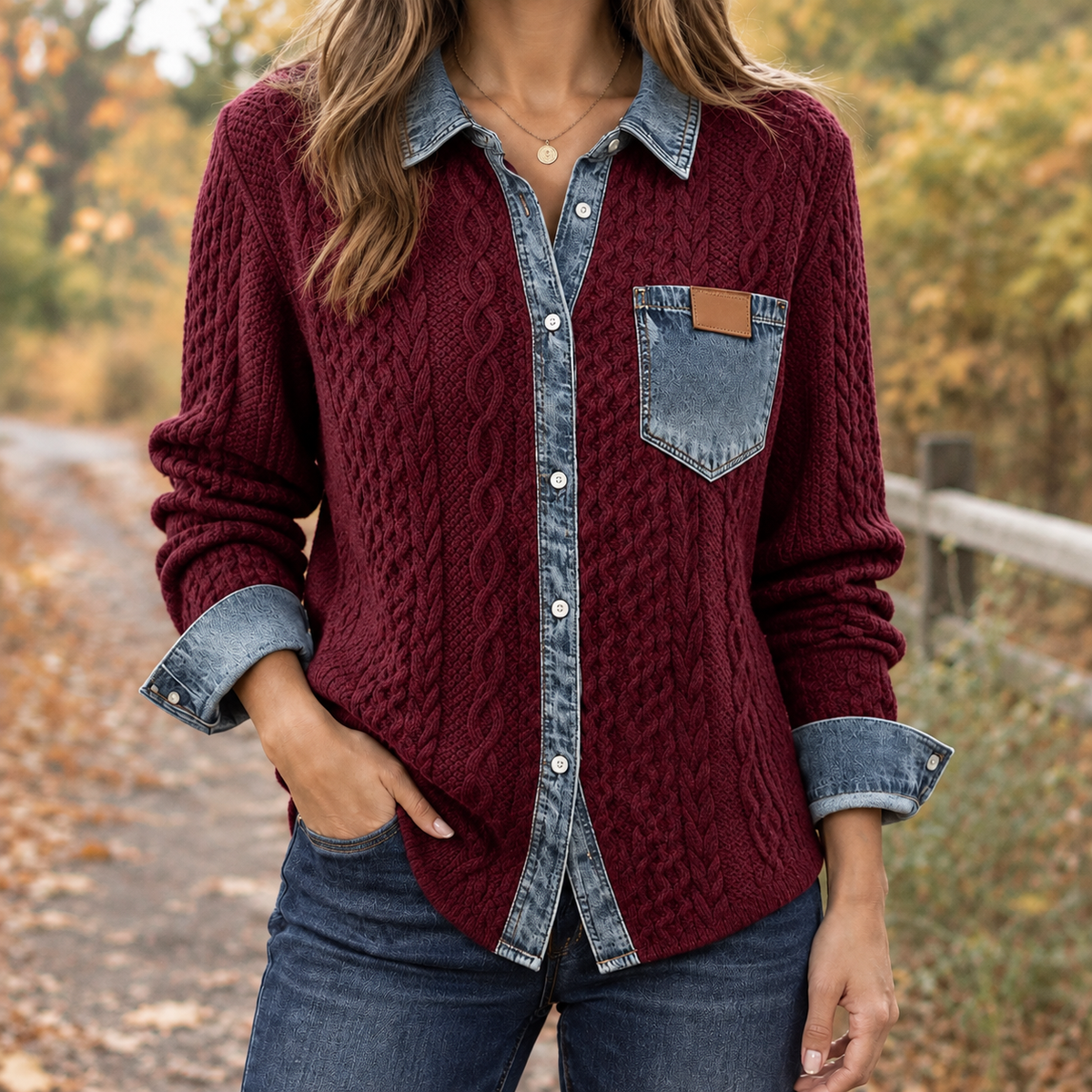 Charlotte-Skye Denim Trim Cardigan - Burgundy